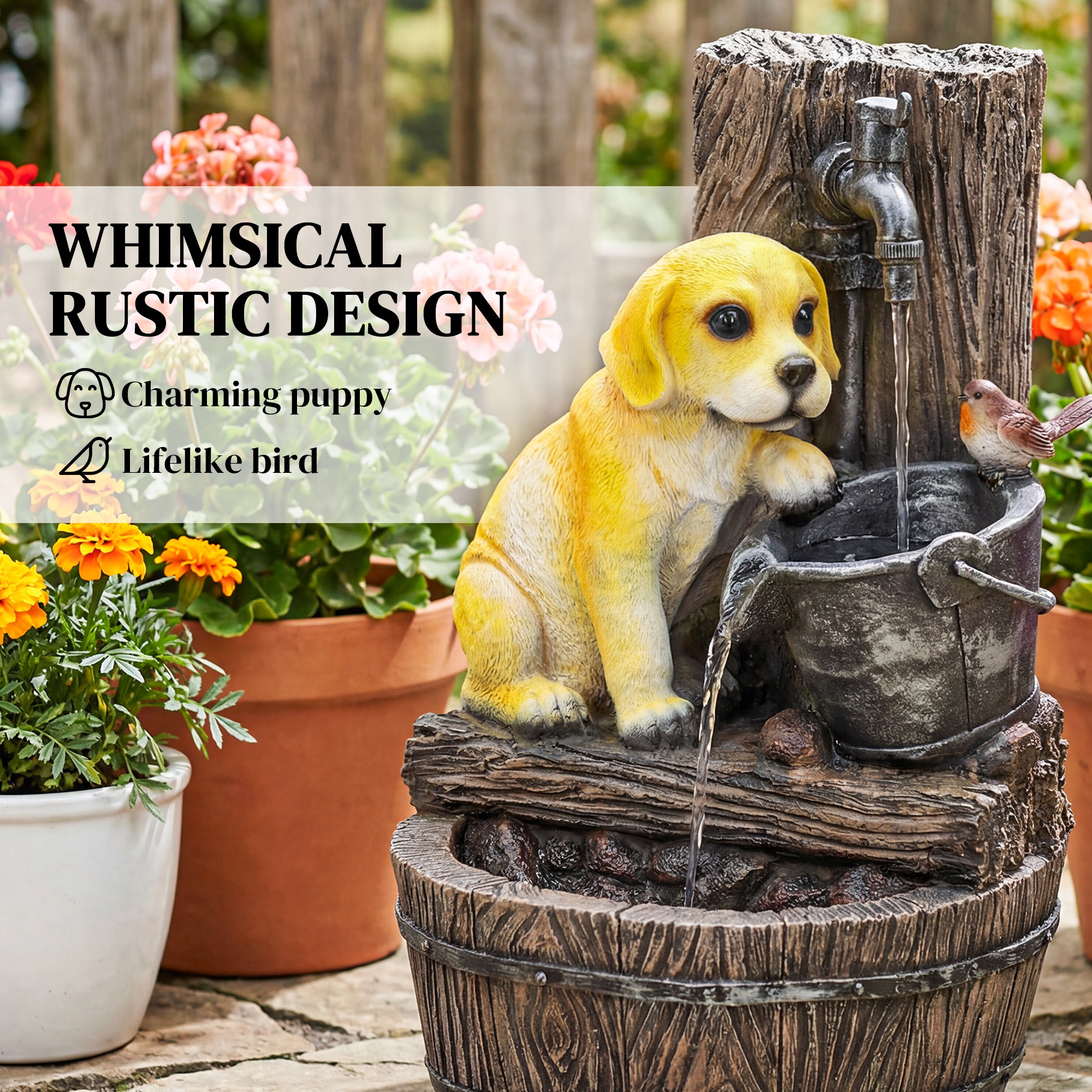 Fuente Exterior de 22" con Tema de Cachorro de 3 Niveles, Fuente de Jardín de Resina con Luces LED, Flujo Ajustable, Marrón Rústico — imagen 5