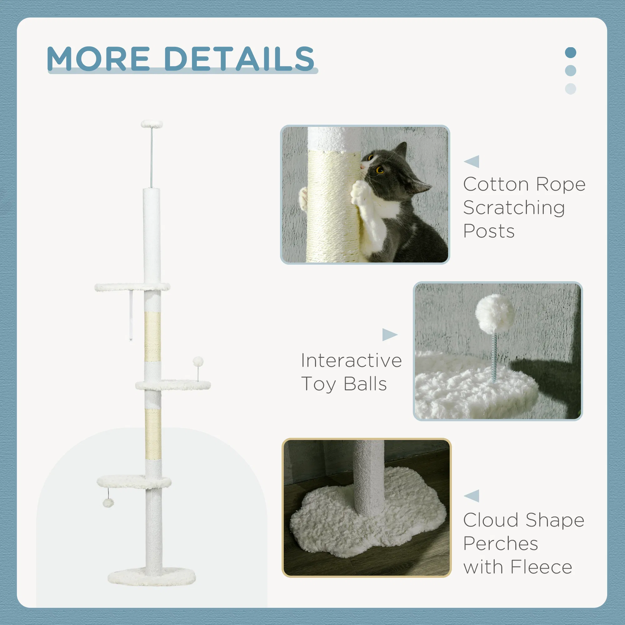 88.5"-100.5" Floor to Ceiling Cat Tree, Cat Tower with Scratching Posts, Cloud Shaped Platforms, Dangling Balls, White — image 4