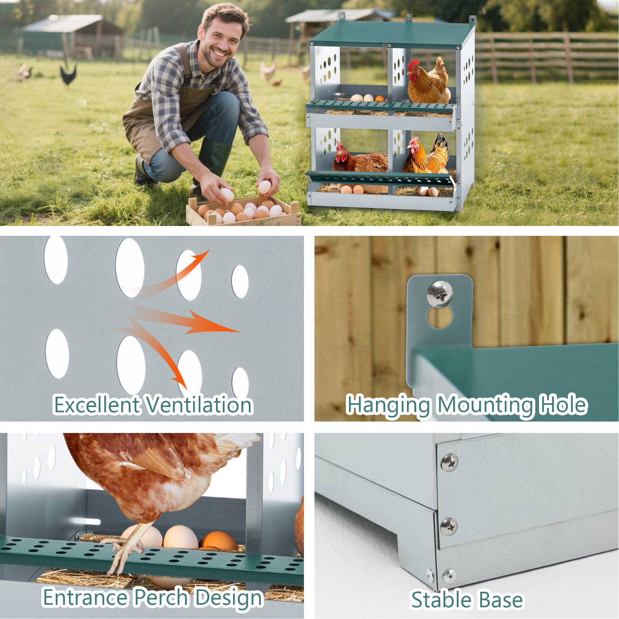 Nidales para Gallinas de 4 Compartimentos, Nidales Metálicos para Montaje en Pared, Caja Ponedora de Huevos para Diferentes Razas de Gallinas — imagen 5