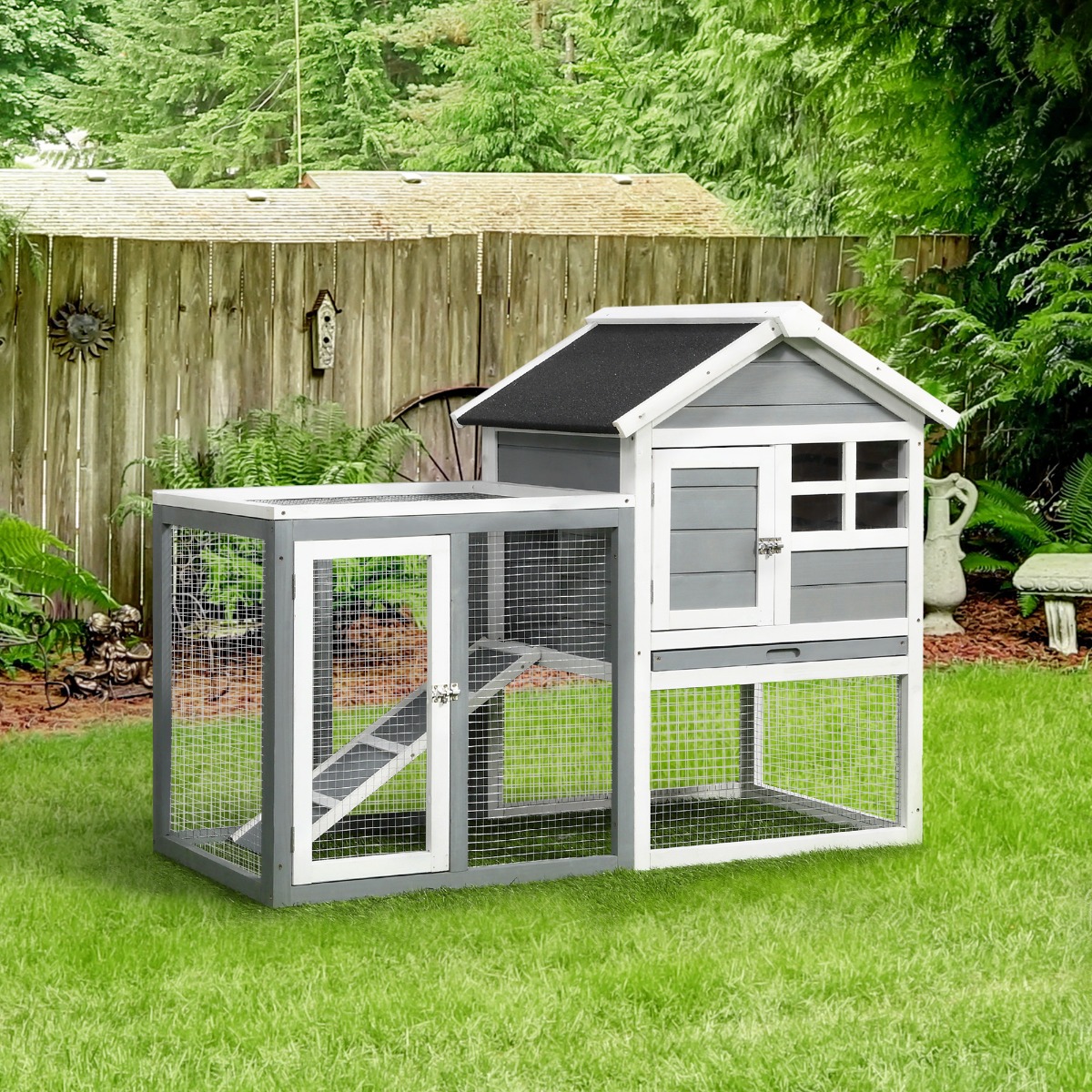 Caja para Conejos Interior, 48" Caja de Madera Resistente al Tiempo con Techo Asfáltico Inclinado y Corral Exterior Divertido para Conejos y Hurones - Gris — imagen 1