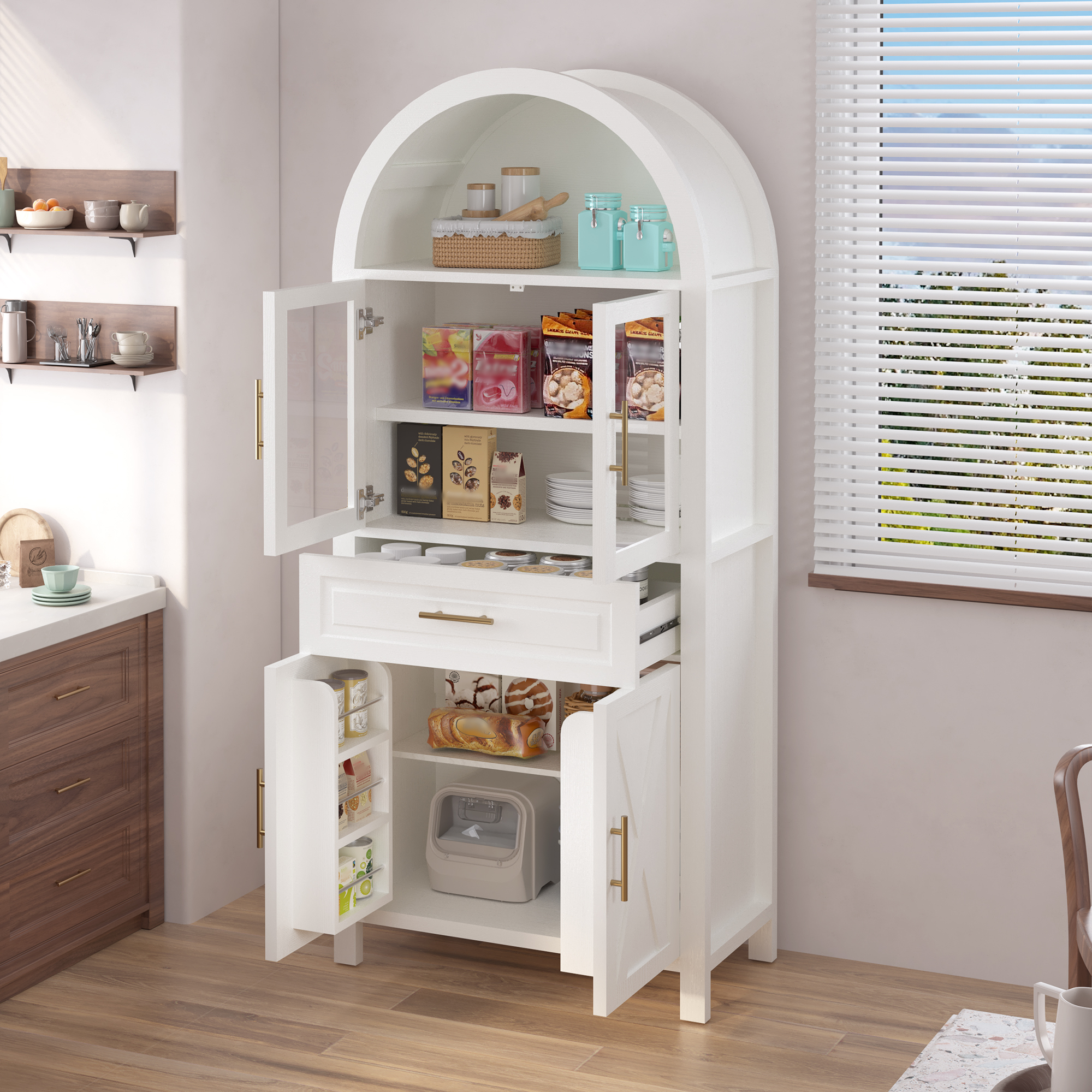 Pantry de Cocina con Puerta de Vidrio y Diseño de Estilo Rural de 71" de Alto con Aros, Armario de Almacenamiento con Estanterías Ajustables para Cocina, Salón y Comedor, Blanco — imagen 4
