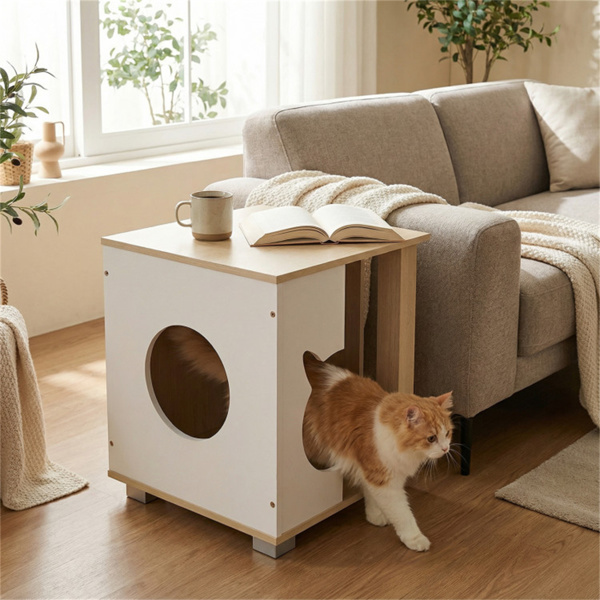Multipurpose Wooden Cat House Nightstand, Sturdy Metal Base Anti-Slip Pet Furniture — image 2