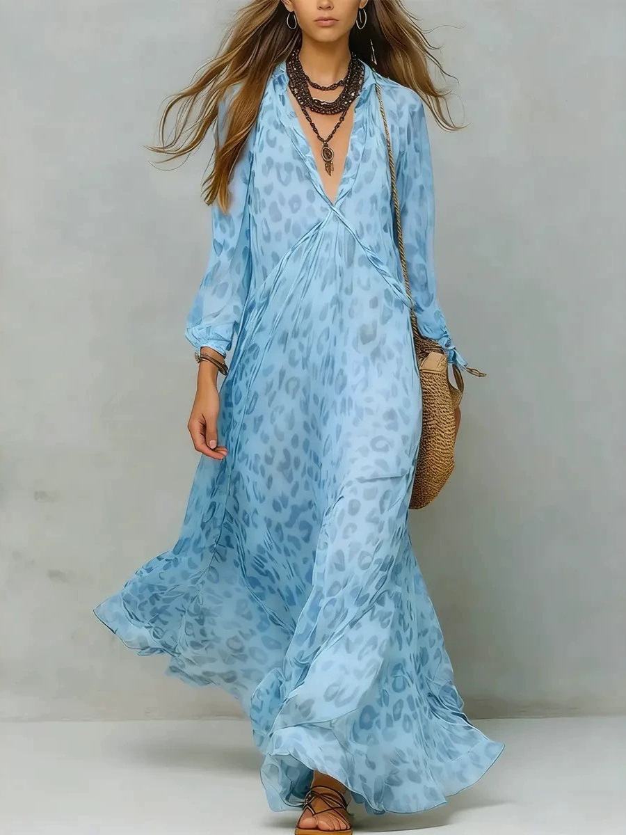 Dress de Verano con Estampado de Leopardo, Vuelo Profundo y Manga Larga — imagen 6