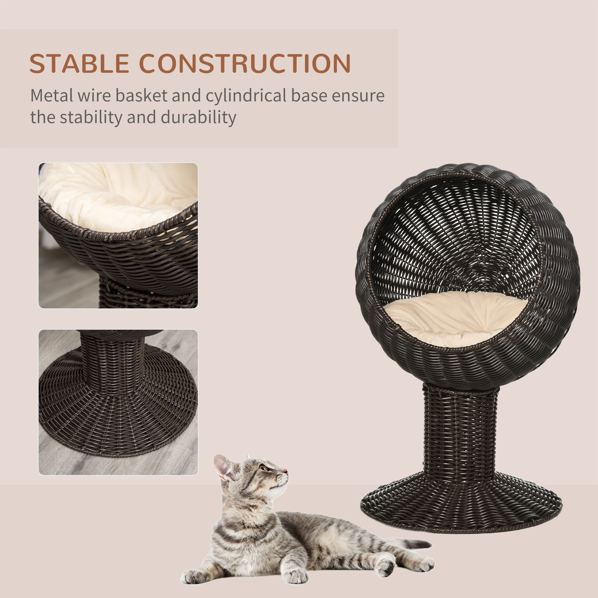 Cama para Gatos Elevada con Silla de Huevo Rotativa, Colchón para Gatos con Manta Espesa y Casa de Hierba Natural, Color Café — imagen 5