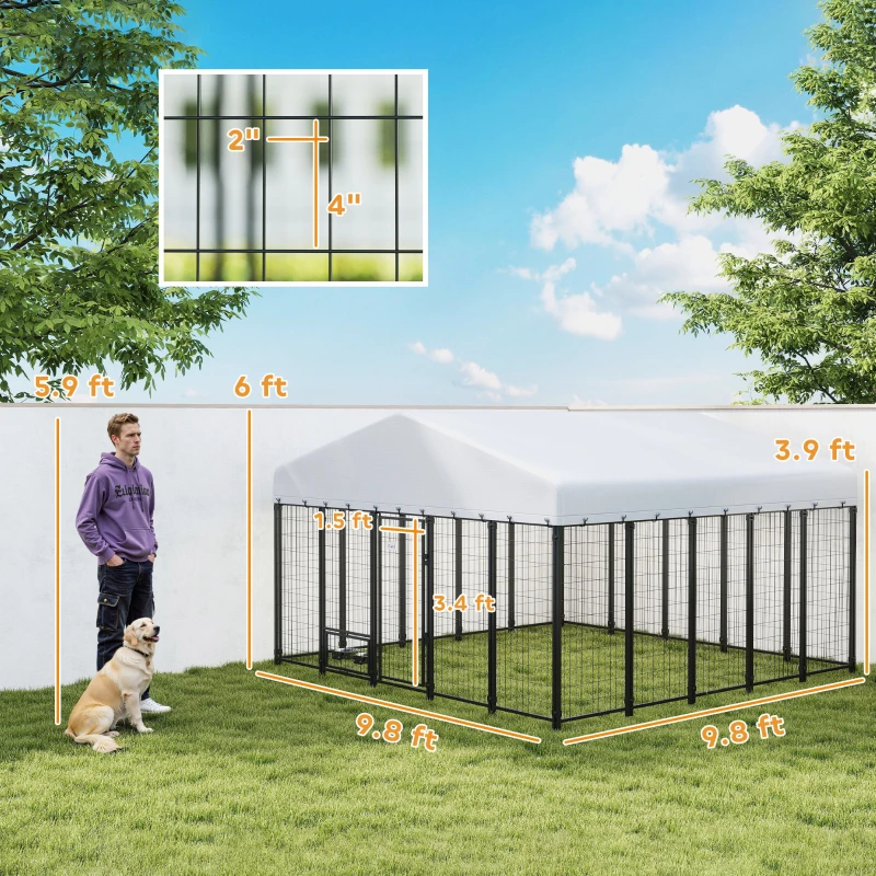 Caseta para Perros de Exterior 9.8' X 9.8' X 6', Corral Exterior con Comederos Giratorios 360°, Funda Impermeable y Resistente a los Rayos UV, Paquetes Múltiples — imagen 1