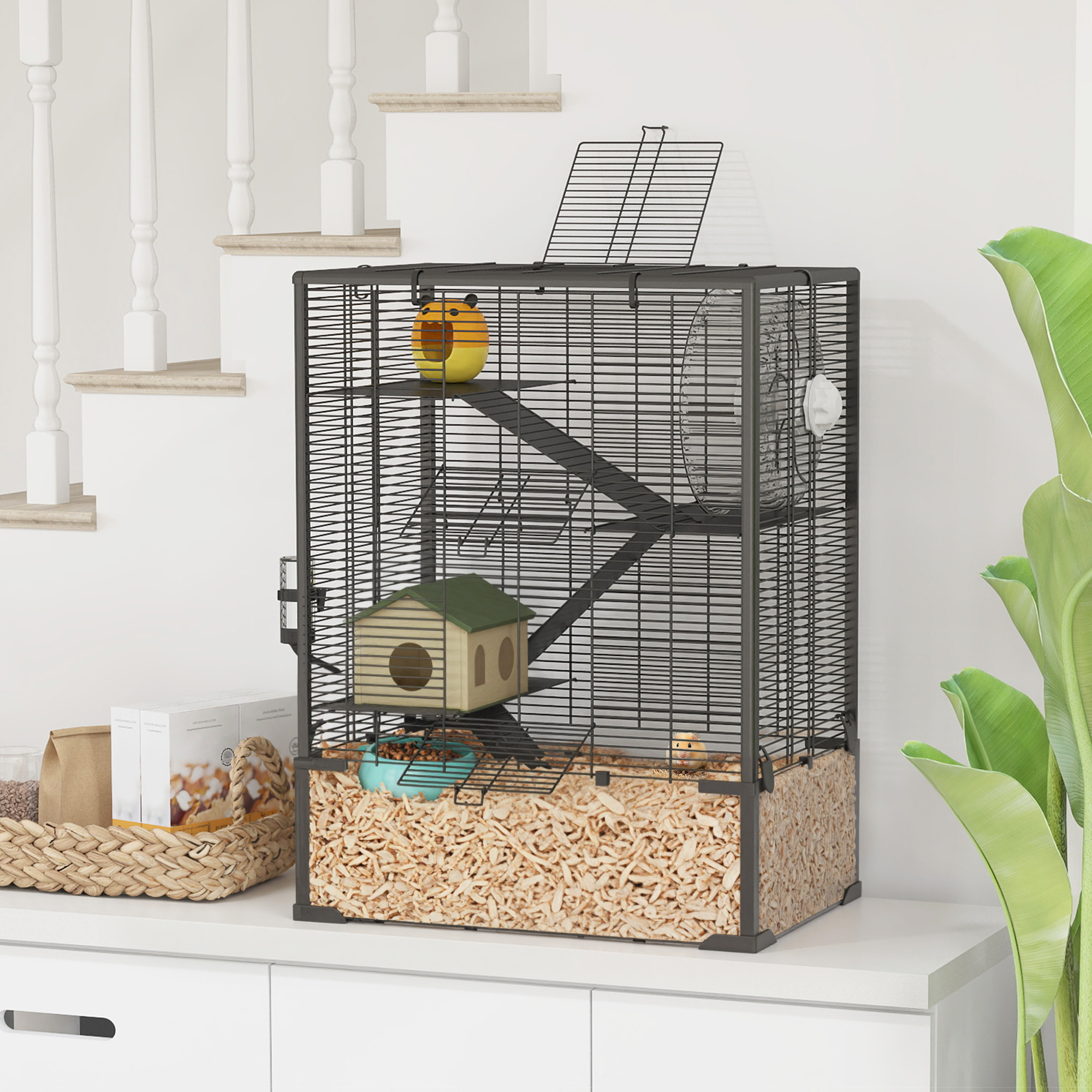 4 Tier Hamster Cage with Deep Tempered Glass Bottom, Running Wheel, Hut, Water Bottle, Food Dish, 24" x 16" x 31.5" — image 1