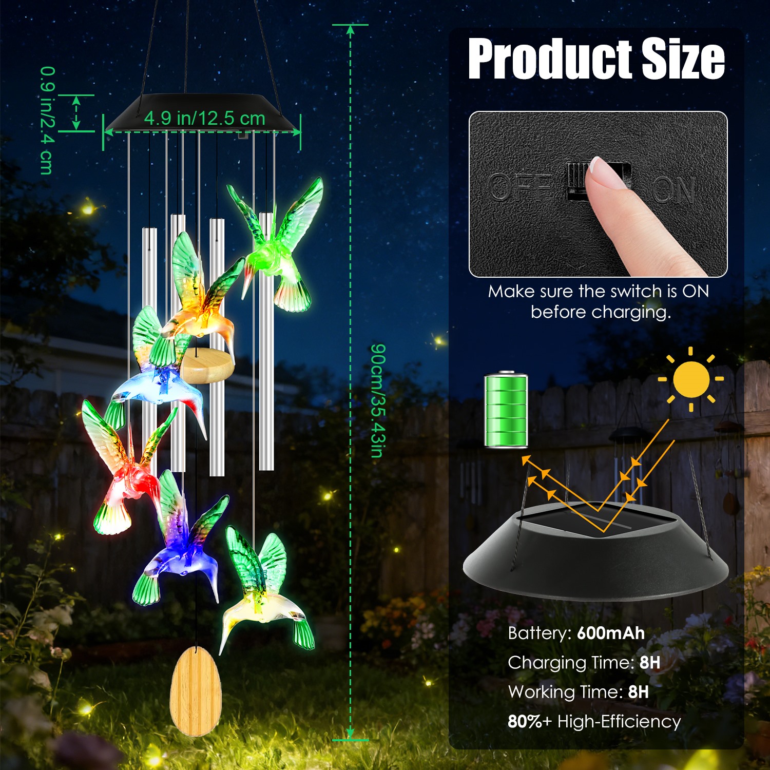Solar Hummingbird Wind Chime With Aluminum Tubes 7 Color Changing Wind Chime For Outside IPX4 Waterproof Outdoor Garden Yard Decor — image 7