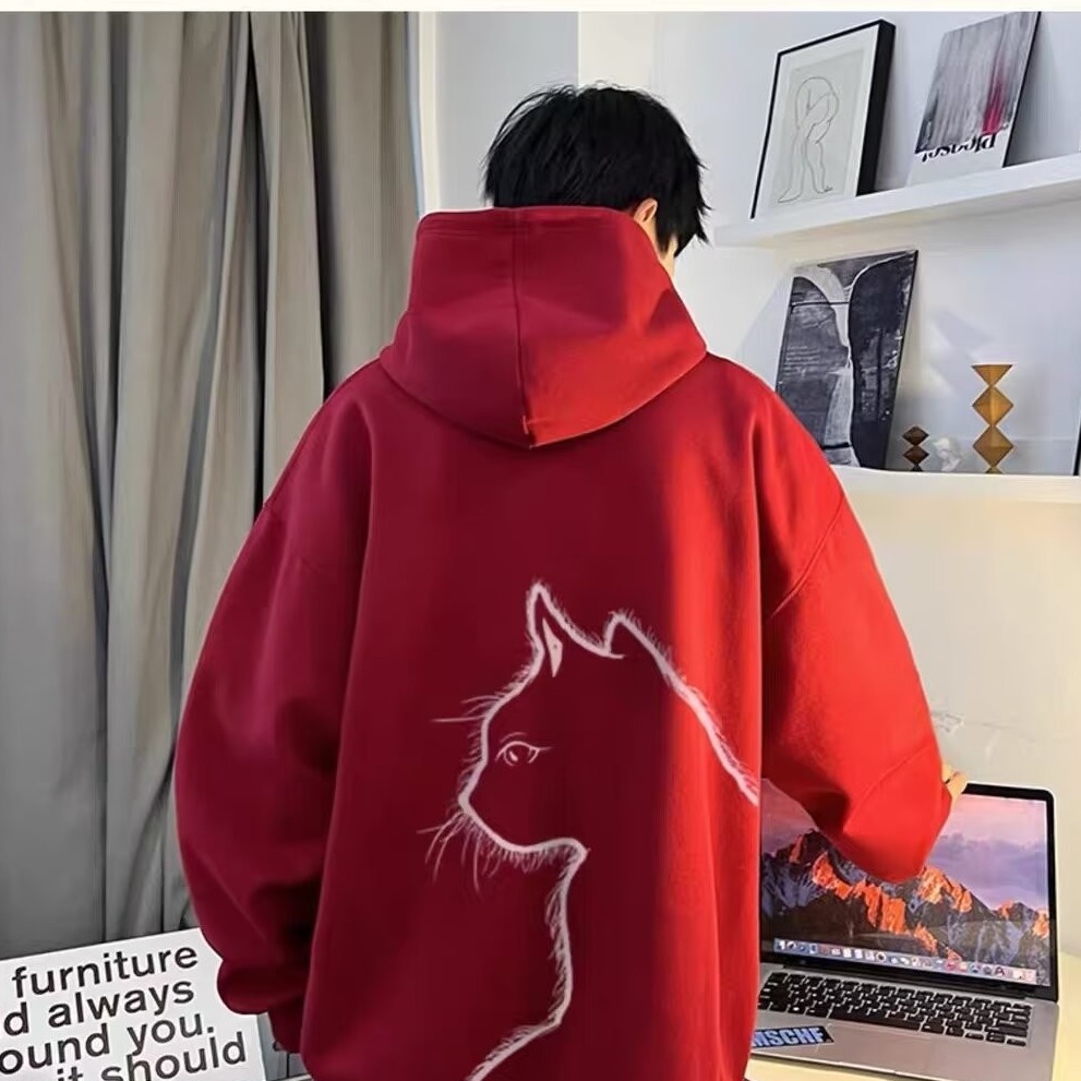 Unisex Casual Cartoon Cat Print Long Sleeve Fleece Lined Hooded Sweatshirt — image 3