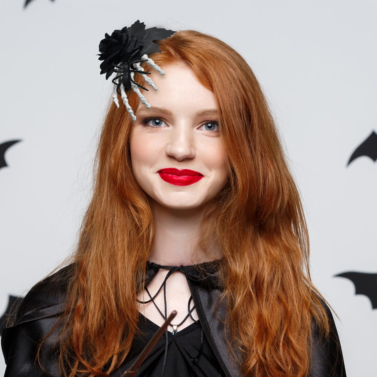 Halloween Ghost Hand Black Rose Spider Hair Clip, Skull Hand Hair Accessory, Horror Costume Party Decoration — image 1