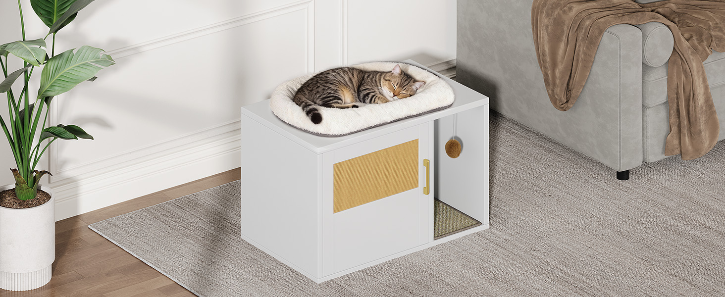 Caja de Limpieza para Gatos Multifuncional de Diseño Blanco Moderno Casa para Gatos con Lavabo y Mesa de Sílabo para Dormitorio y Salón — imagen 5