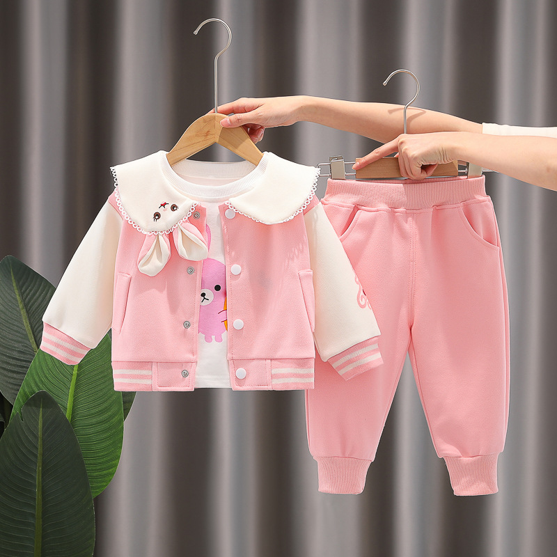 Girls 0-4 Years Old Rabbit Print Zipper Hoodie Pants Set with Wide Collar — image 7