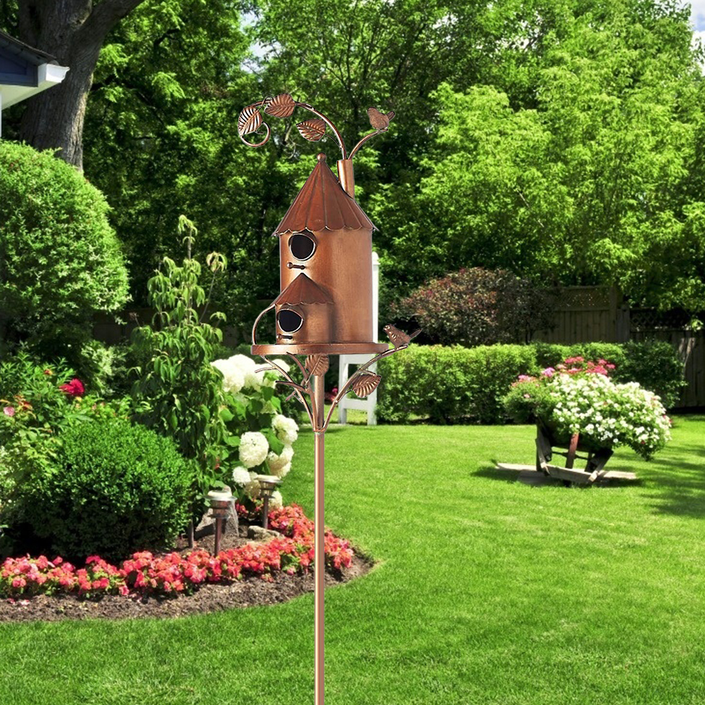 Casa de Pájaros en Metal con Palo Casa de Artista de Metal Cabaña para Colibrí Decoración de Jardín — imagen 1