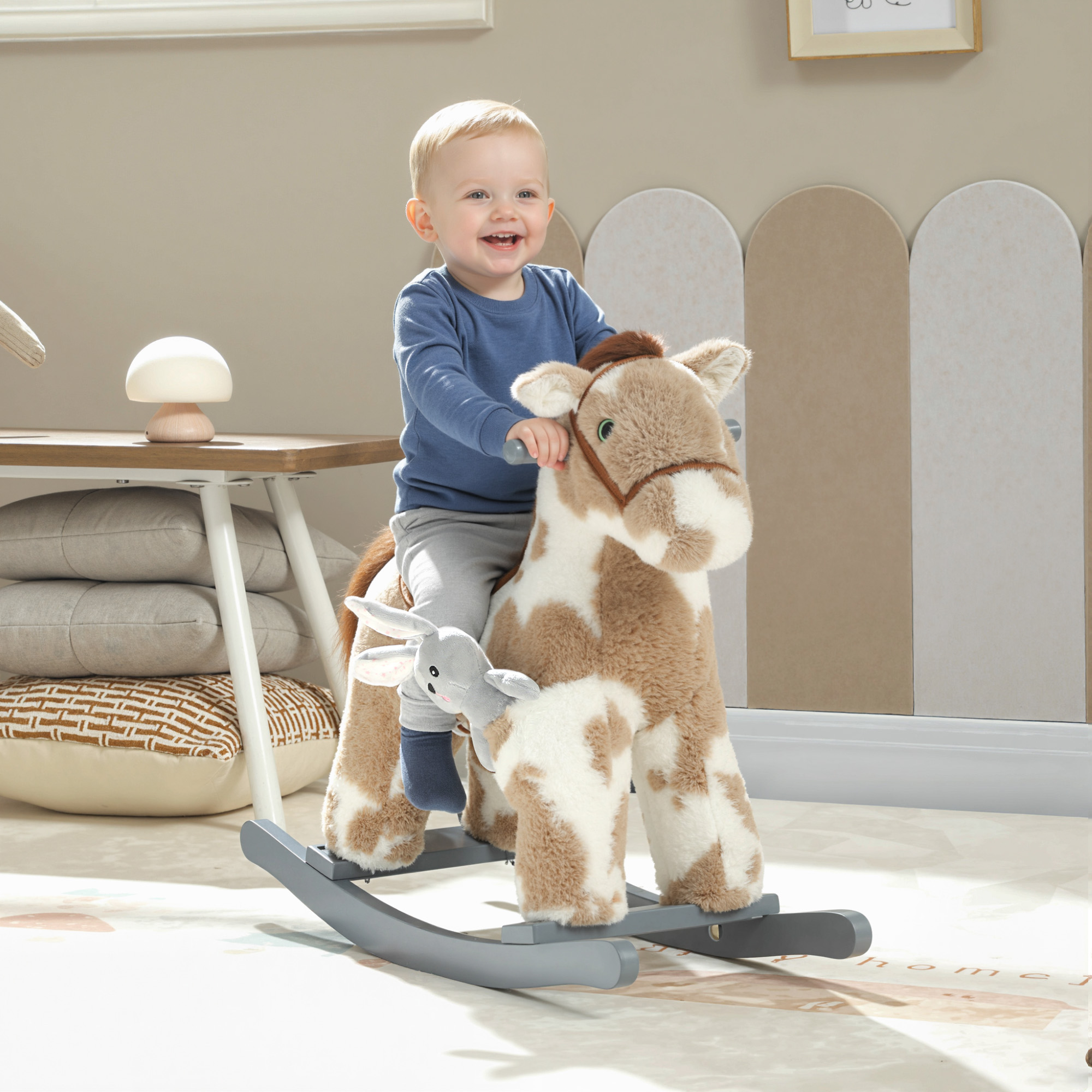 Caballo de Madera que Se Mueve, Caballito de Tela para Niños con Sonidos y Oso de Peluche para Aventuras Imaginativas de 2 a 5 Años, Marrón — imagen 1