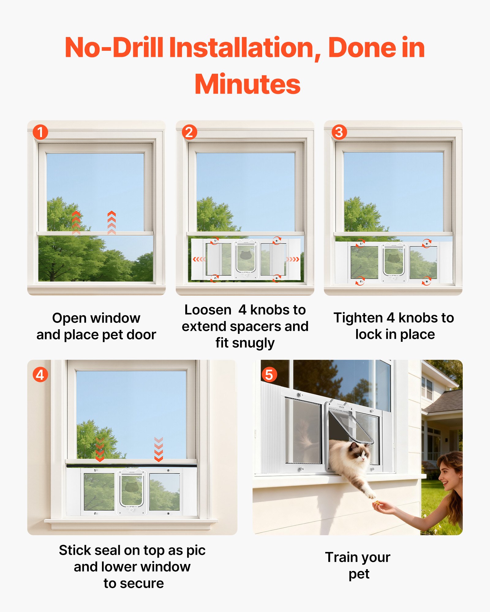 Puerta para Gatos en la Ventana, Ajustable de 87 cm - 102 cm de Ancho, 4 Modos de Bloqueo Seguros, Estructura de Aluminio y Vidrio de Alta Transparencia, Cierre Magnético, Puerta Rápida para Perros y Gatos Resistentes al Clima, Blanco — imagen 3