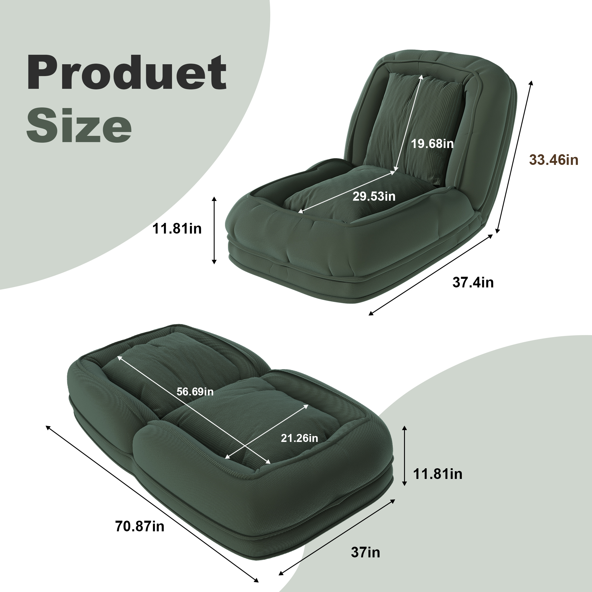 Silla-Cama Acogedora para Adultos y Mascotas con 5 Posiciones Ajustables, Incluye 2 Almohadillas Suaves para Dormitorio, Salón y Rincón de Lectura Verde — imagen 2
