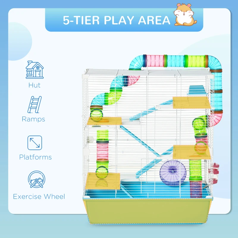 Hamster Cage With Tubes And Tunnels, Portable Carry Handles, Rat House And Habitats Big 5-Tier Design, Mouse Cage Includes Exercise Wheel, Water Bottle, Food Dish, Light Blue — imagen 8