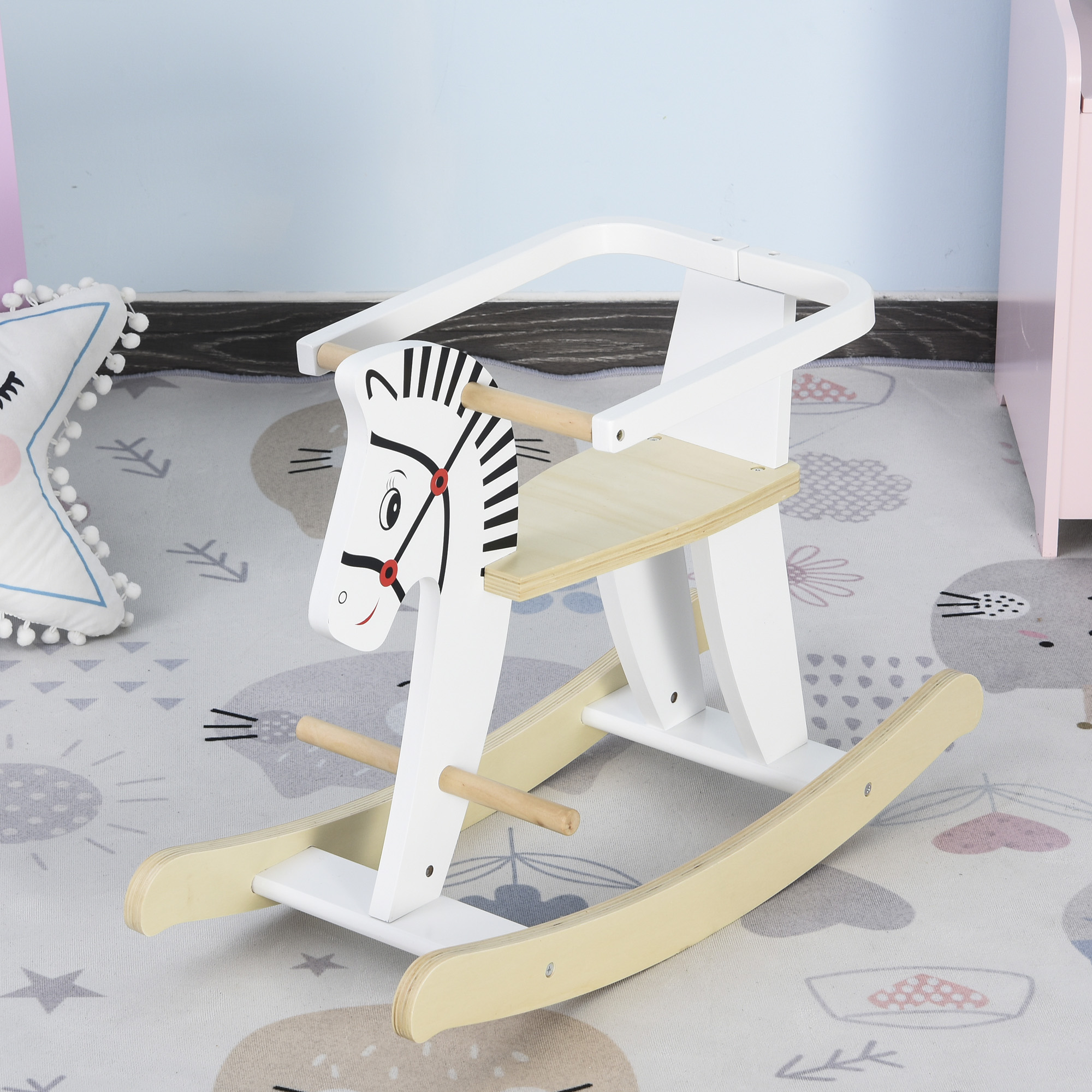 Wooden Rocking Horse Toddler Baby Ride-on Toys for Kids 1-3 Years with Classic Design & Wood Safety Bar, White — image 6