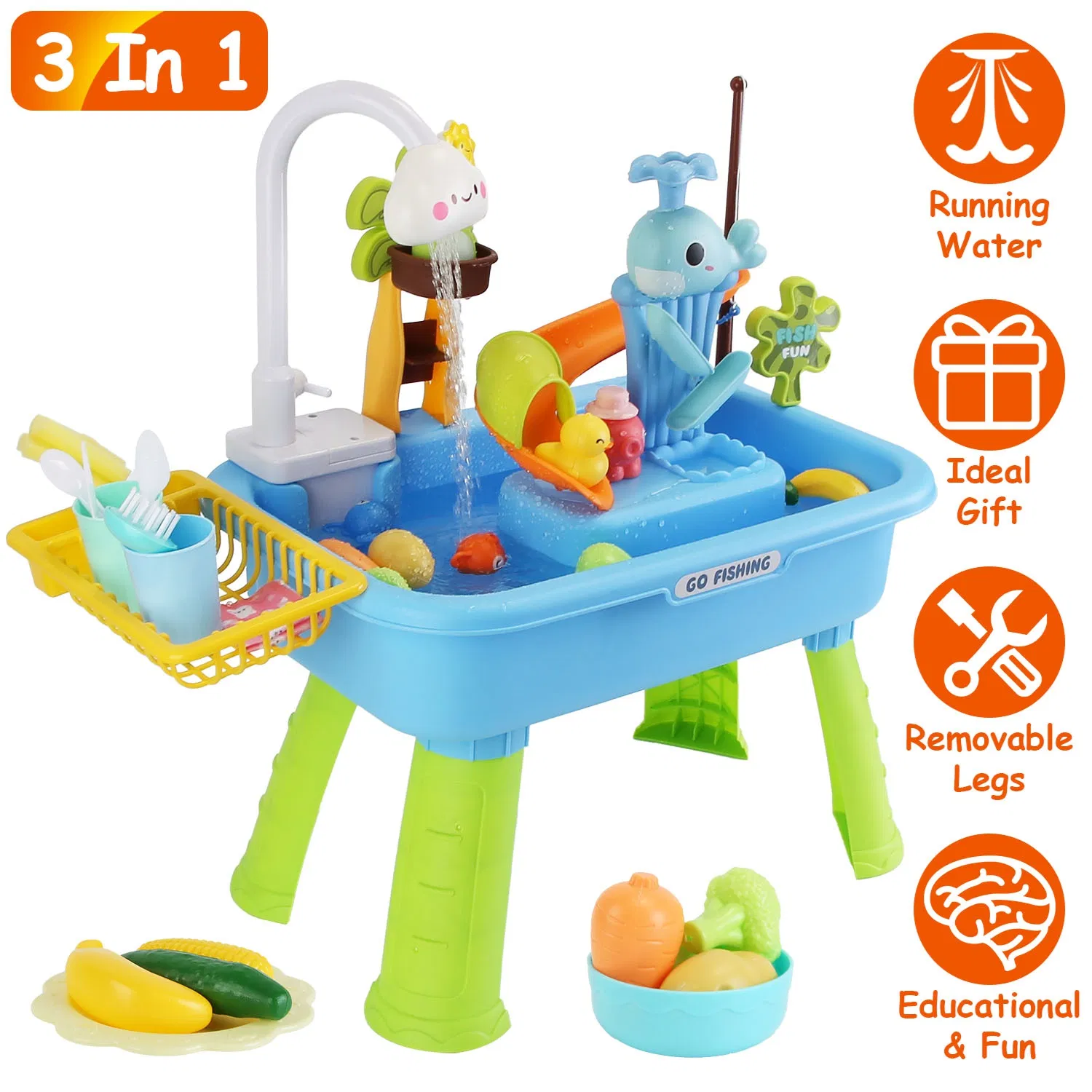 Juguete de Fregadero de Cocina 3 en 1 con Grifo Eléctrico, Mesa de Agua y Juego de Pesca, Set de Juego de Rol para Interior y Exterior, para Niños GPCT5464 — imagen 1