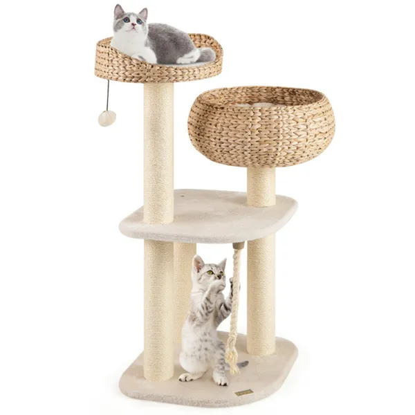 Árbol de Gatos tejido a mano con juncos de Hyacinth acuática, 3 postes de sisal para rascar centros de actividad multi-nivel para gatos - Blanco — imagen 1