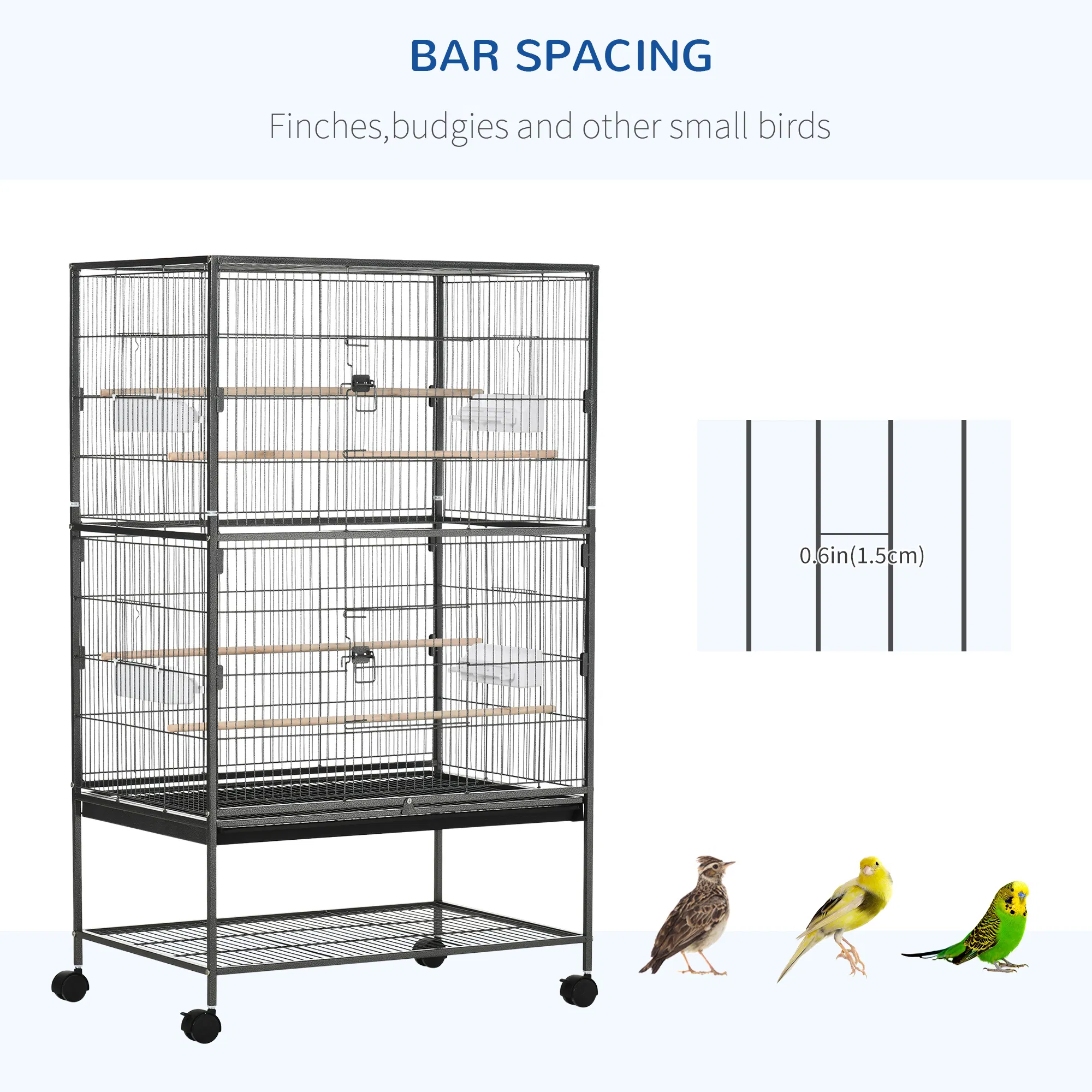 52'' Large Rolling Steel Bird Cage Bird House with Rolling Stand, Storage Shelf, Wood Perch, Food Container, Dark Grey — image 6
