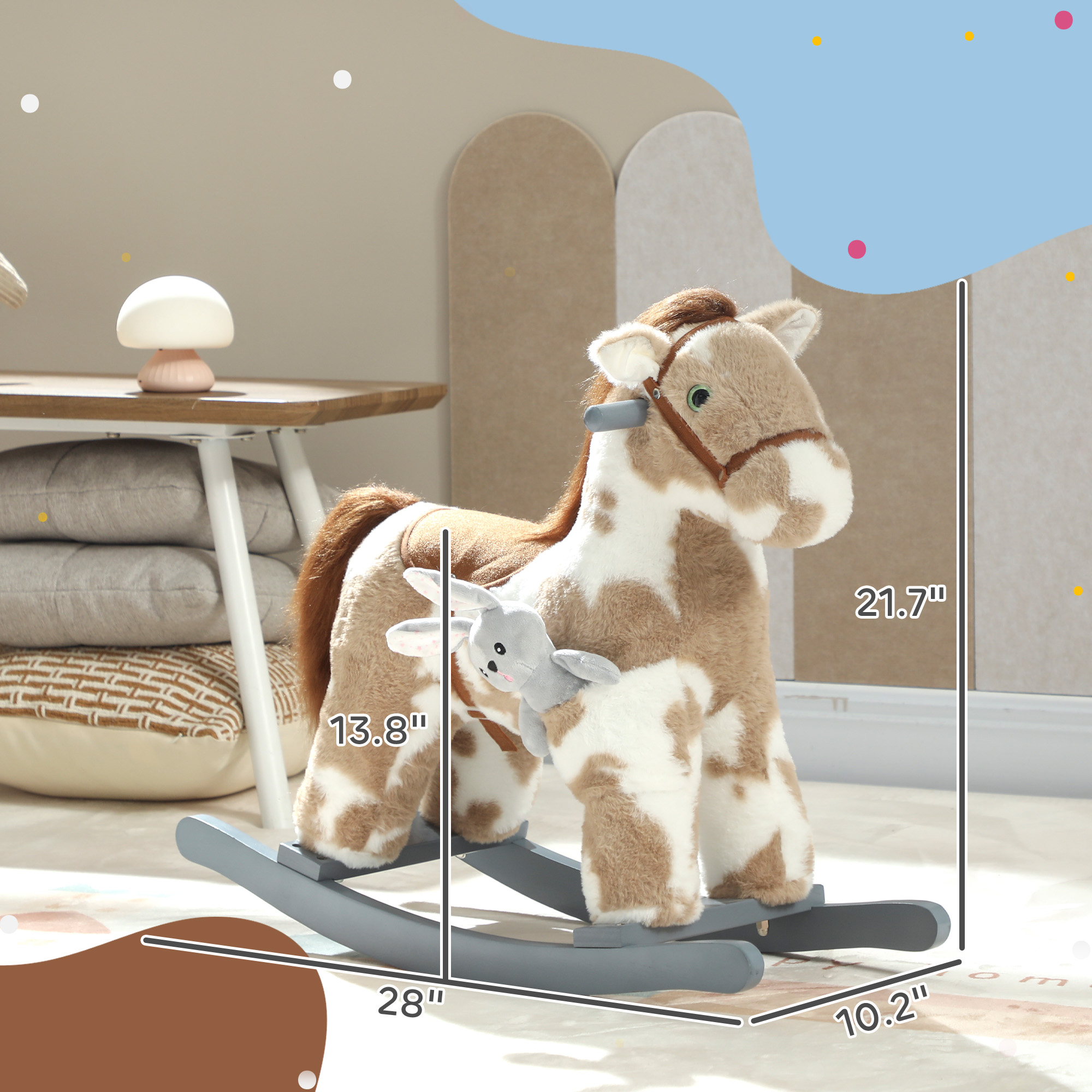 Caballo de Madera que Se Mueve, Caballito de Tela para Niños con Sonidos y Oso de Peluche para Aventuras Imaginativas de 2 a 5 Años, Marrón — imagen 3