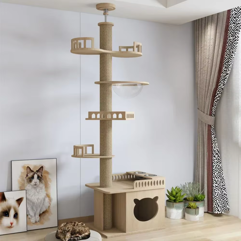 Cats Tree Floor Solid Wooden Pets Furniture Climbing Multifunction Kitten Trees Tower Adjustable Multilayer Cat Climbing Frame — image 4
