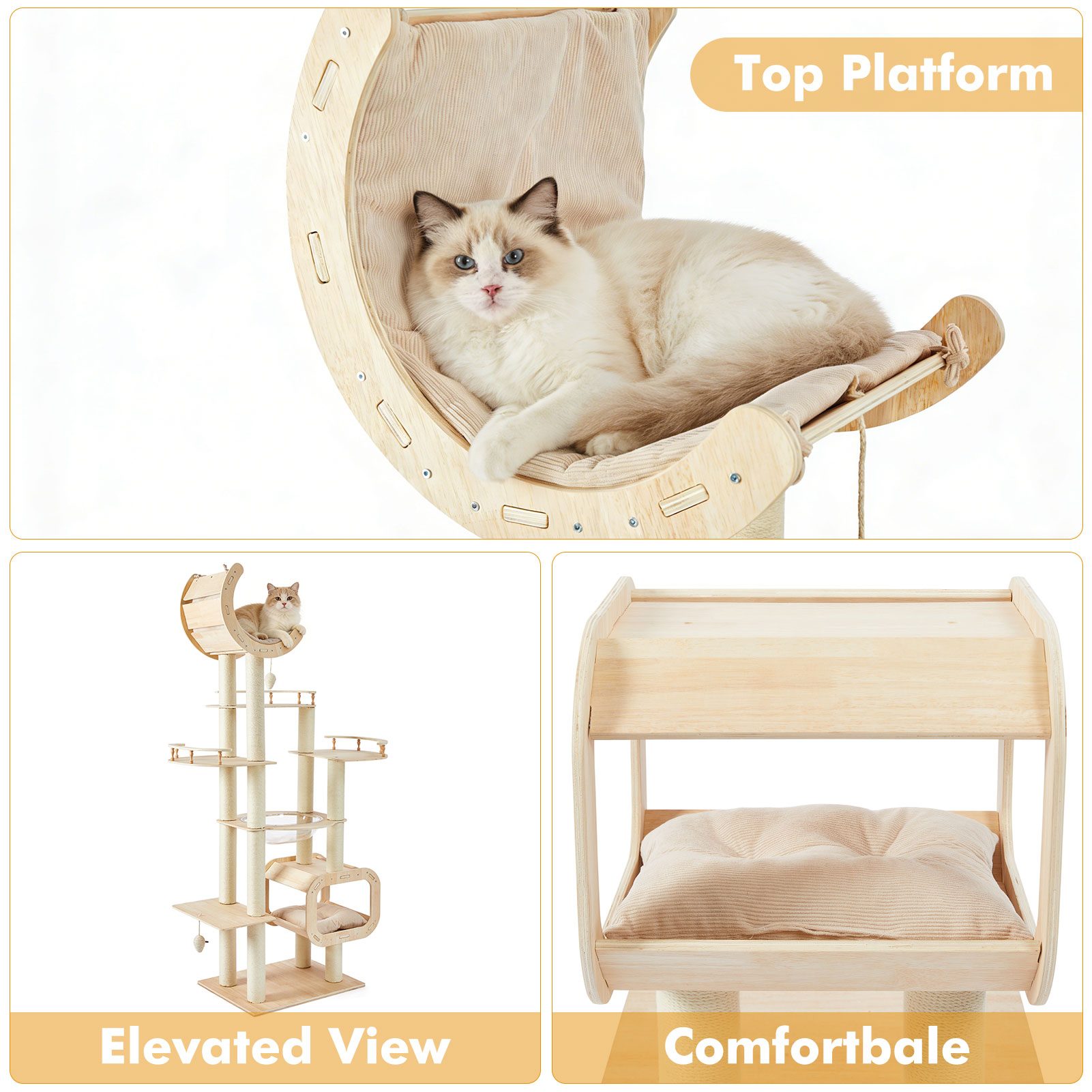 Heavy-Duty No-Drill Large Cat Tree-Solid Wood, 5-Story Multi-Column Cat Tower, 80.4in For Large Spaces & Multi-Cat Households, Open Condo, Space Capsule, Bed, Durable Indoor Pet Furniture — image 4