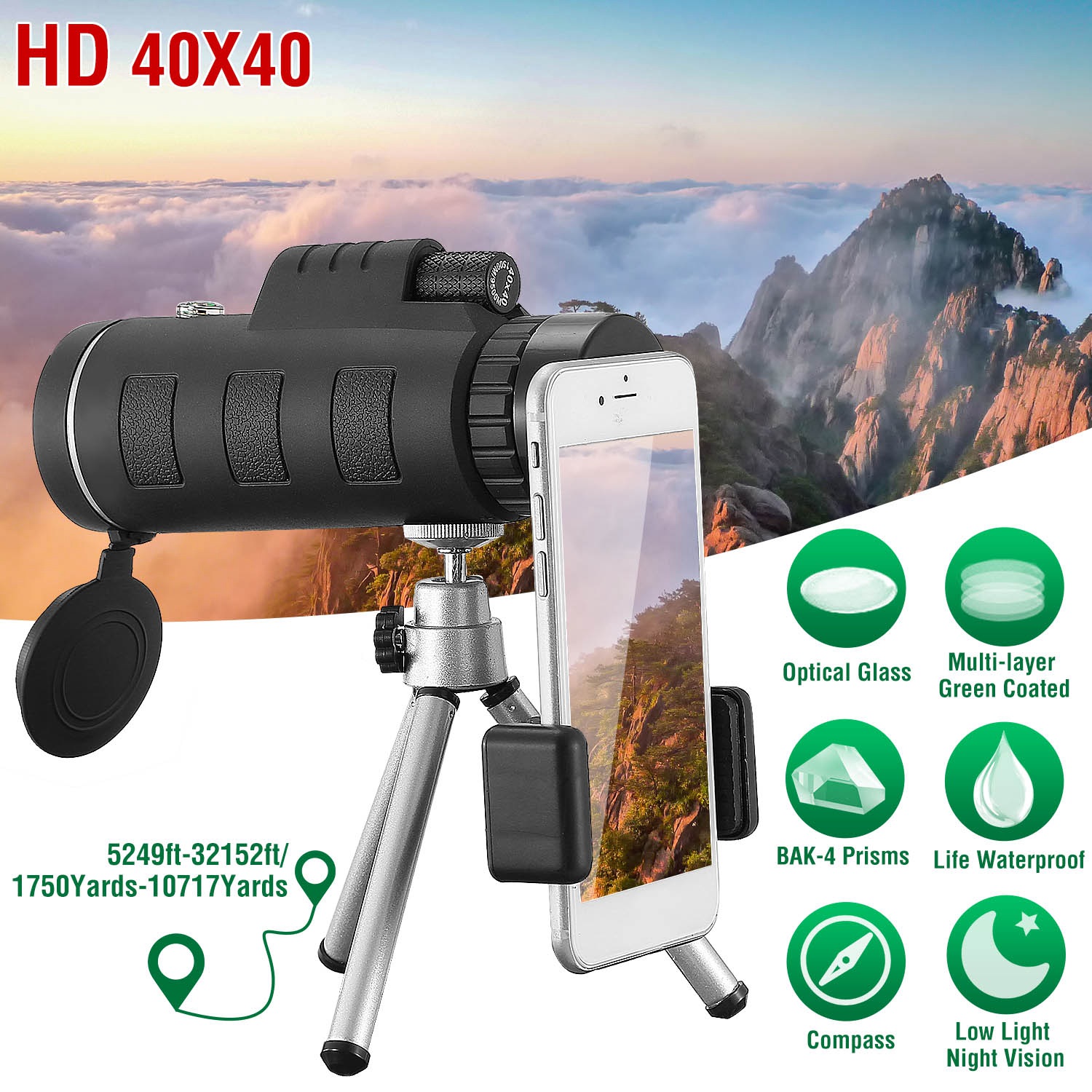 40 Plus 40 HD Optical Monocular Telescope With FMC Lens For Outdoor Low Light Vision Scope Phone Holder Tripod Compass For Bird Watching Hunting Camping Hiking Sport Event — image 1