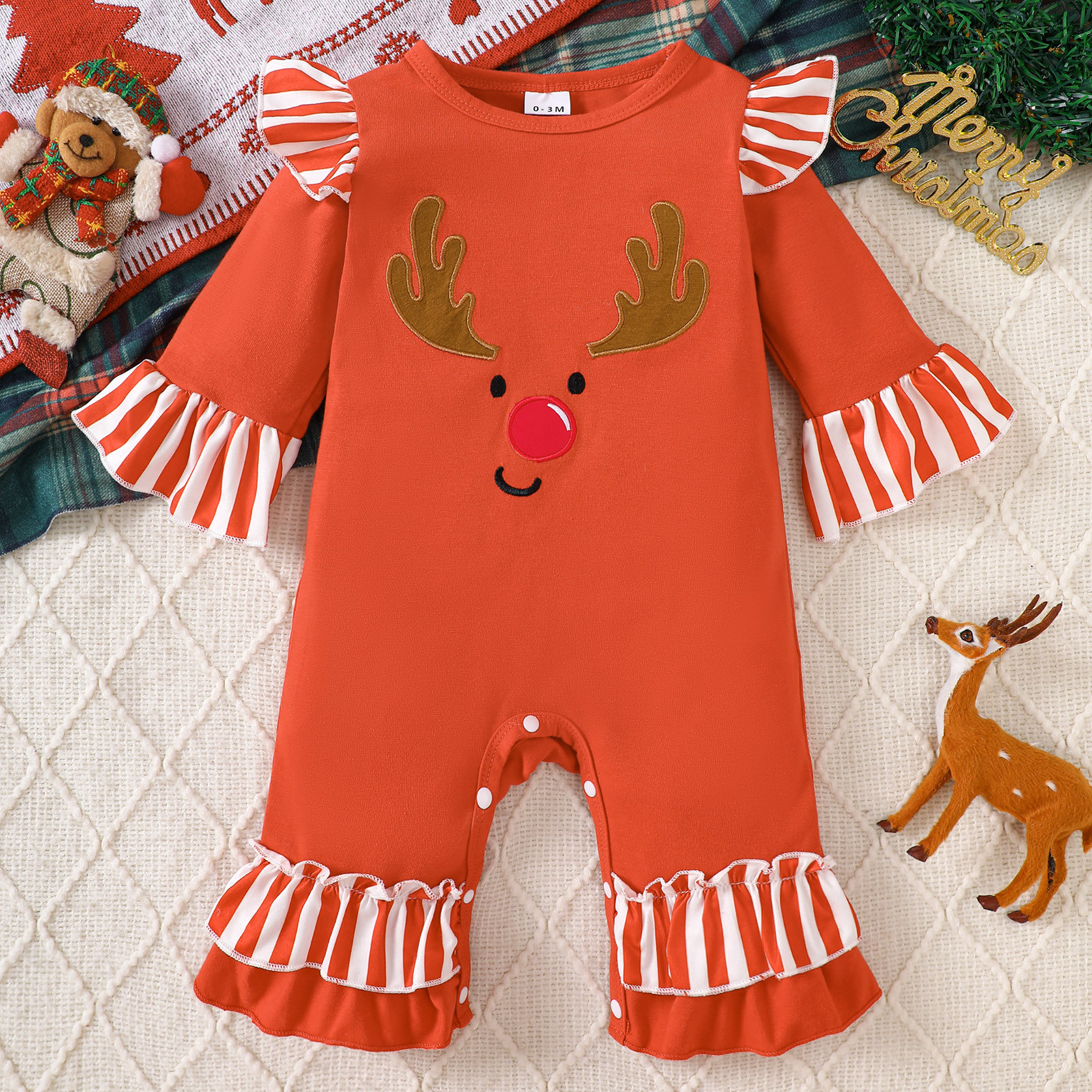 Infant Halloween Romper with Ruffle Ghost Deer Embroidery Long Sleeve Onesie Baby Outerwear Crawling Suit — image 3