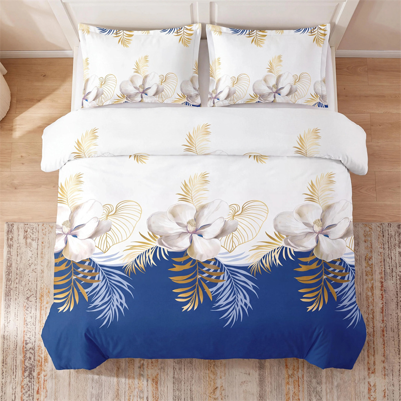 Set de Funda Nórdica de 3 Piezas, Diseño Estadounidense con Estampado Tropical Floral Botánico en Azul Marino y Dorado, Funda de Edredón Pesada de Alto Gramaje con Cierre y Cintas de Esquina, Ropa de Cama de Microfibra Apta para Mascotas — imagen 8
