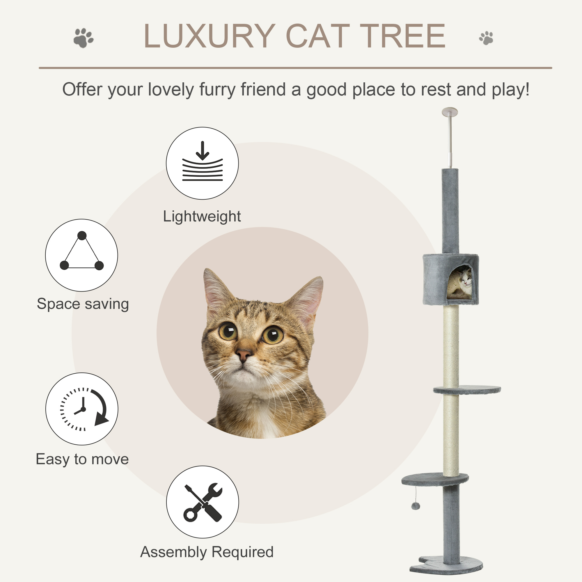100" Cat Tree Height Adjustable Floor-to-Ceiling 4-Tier Kitty Climbing Activity Center Condo Cat Toy with Scratching Post Hanging Balls Play Rest Post Pet Furniture Grey — image 3