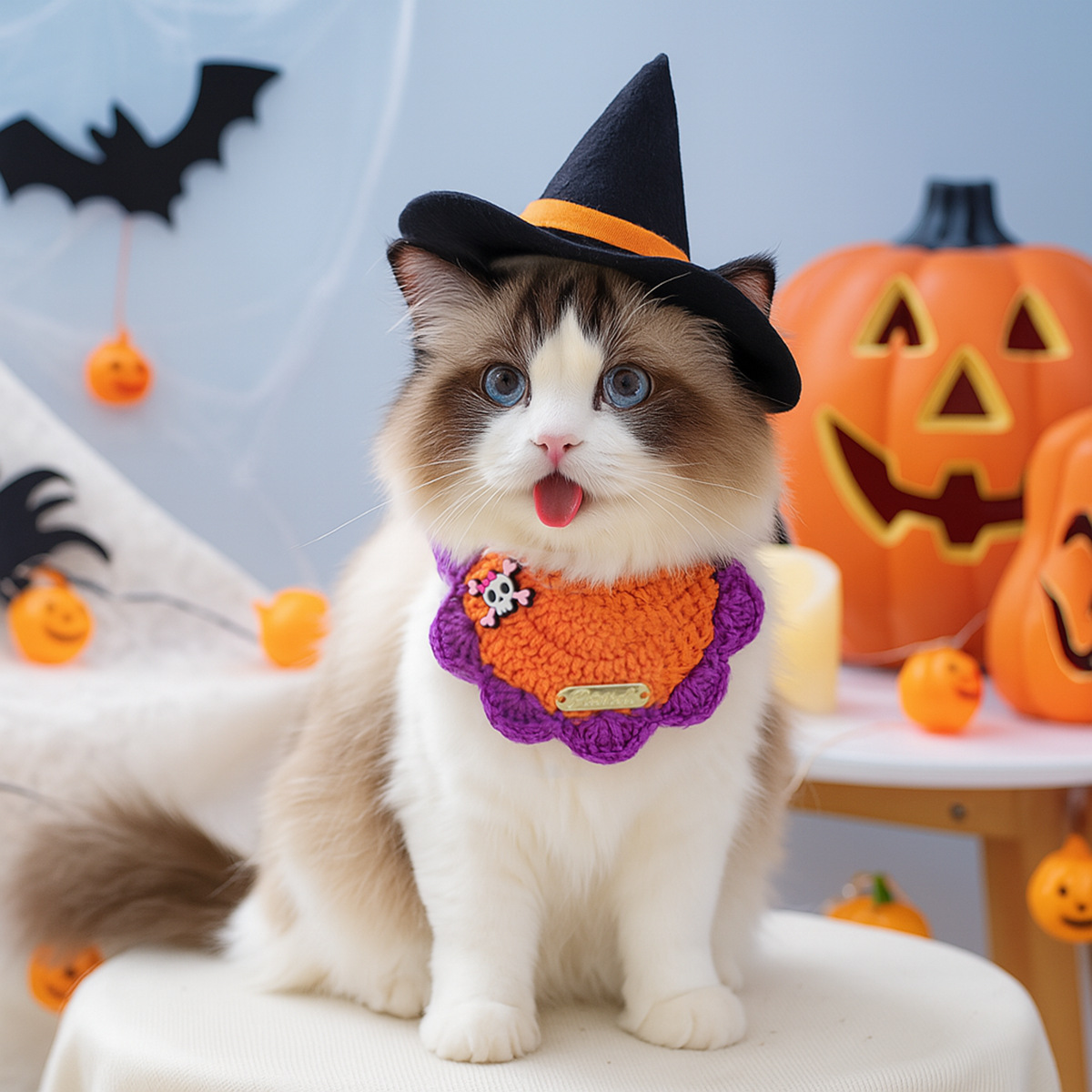 Pet Hair Yarn Gold Label Bandana for Cats and Dogs, Halloween Decorative Neckwear — image 1