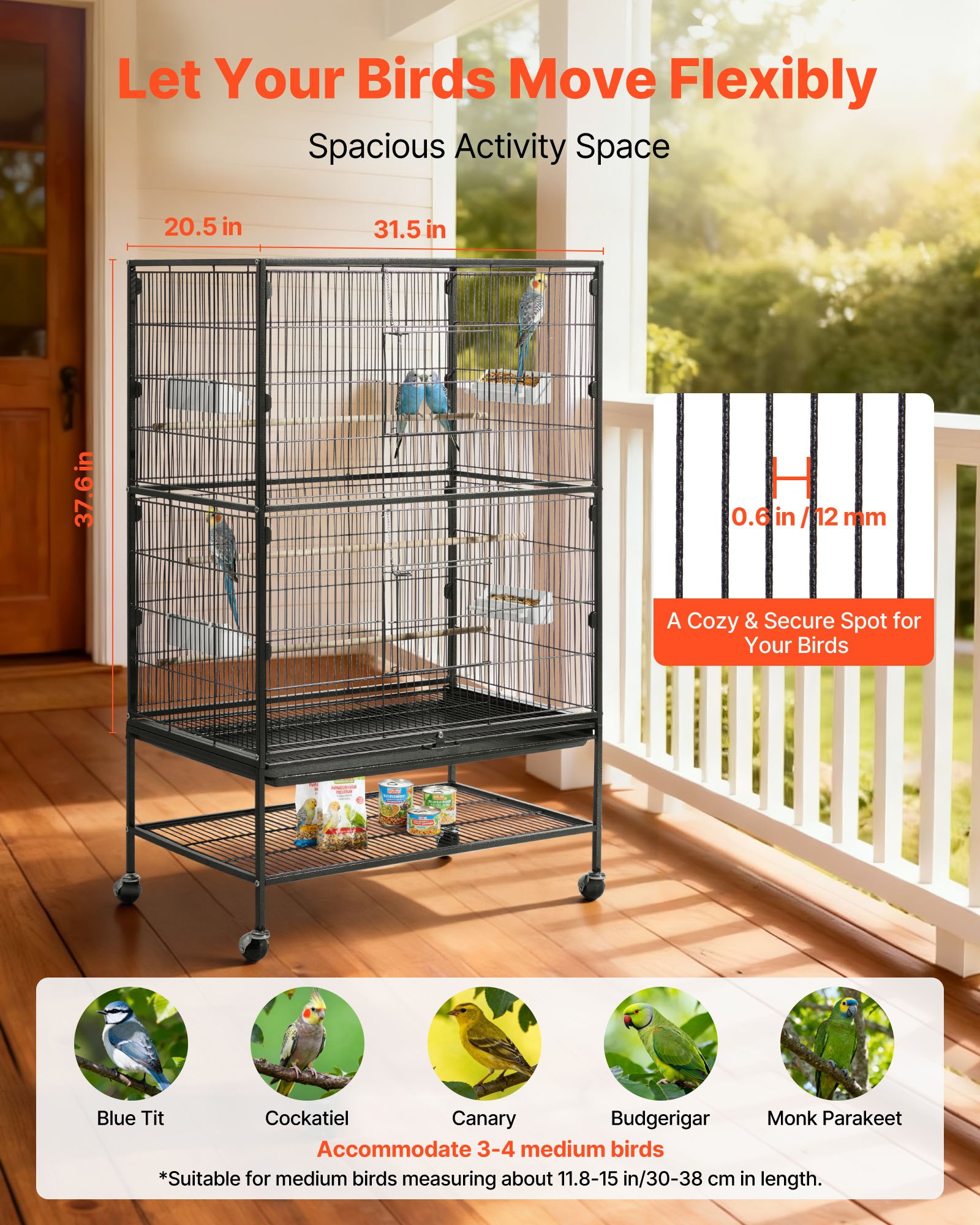 Bird Cage, 31.5 X 20.5 X 52 Inch, Flat Top, Wrought Iron Bird Flight Cage With Perches, Slide-Out Tray And Plastic Feeders, Casters, For Parrot, Blue Tit, Cockatiel, Canary, And Monk Parakeet — imagen 2