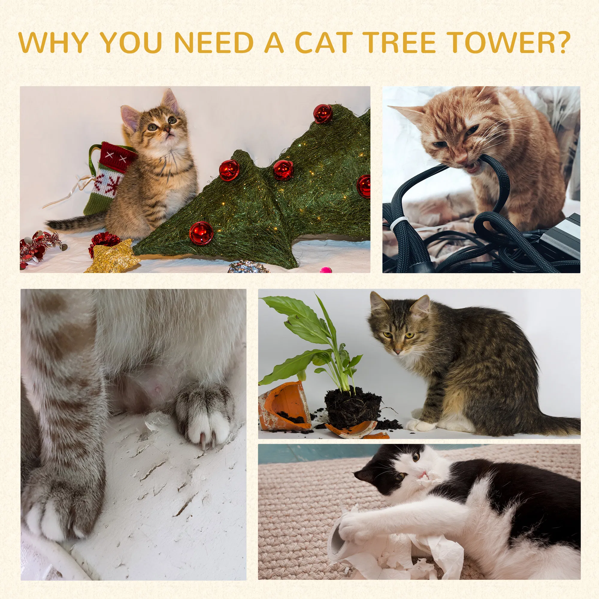 52" Multi-Level Cat Tree Tower, Kitten Scratcher Activity Center Play House with Hammock - Grey — image 3