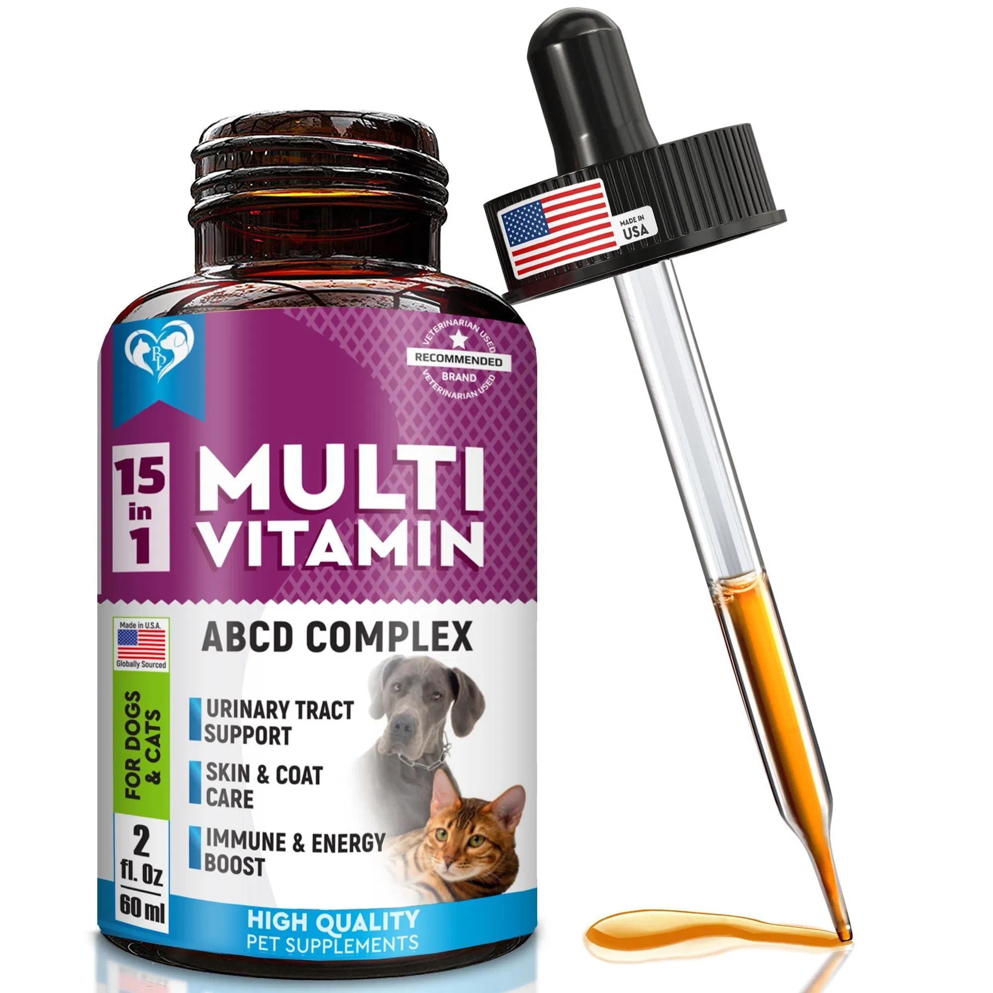 Suplemento Liquido Multivitamínico para Gatos y Perros con Glucósamina y Fresas: 15 en 1 para Salud Urinaria, Riñón, Vesícula, Cadera y Articulaciones, Piel y Pelaje (60 ml)