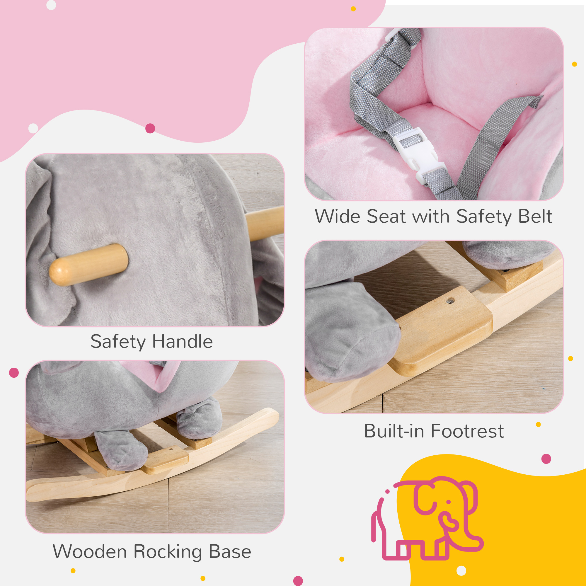 Baby Rocking Horse Elephant Rocking Chair Toddler Rocker Toy with Sound Wooden Base Seat for 1.5-3 Year Old, Gray — image 6
