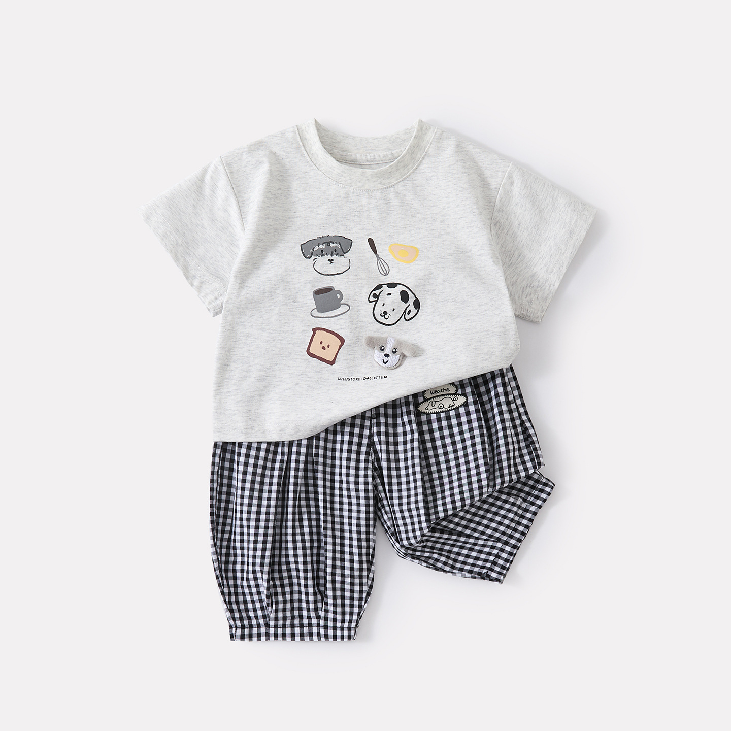 Cartoon Dog Print Short Sleeve Top Lightweight Checkered Cuffed Pants 2-Piece Set for Baby Boys — image 3
