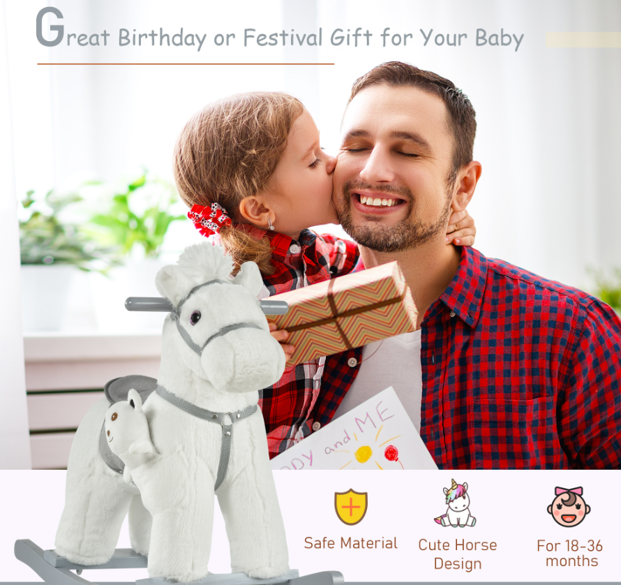 White Plush Rocking Horse With Bear Toy For Kids, Soft Sound Rocker, Ideal For Nursery Playtime — image 5
