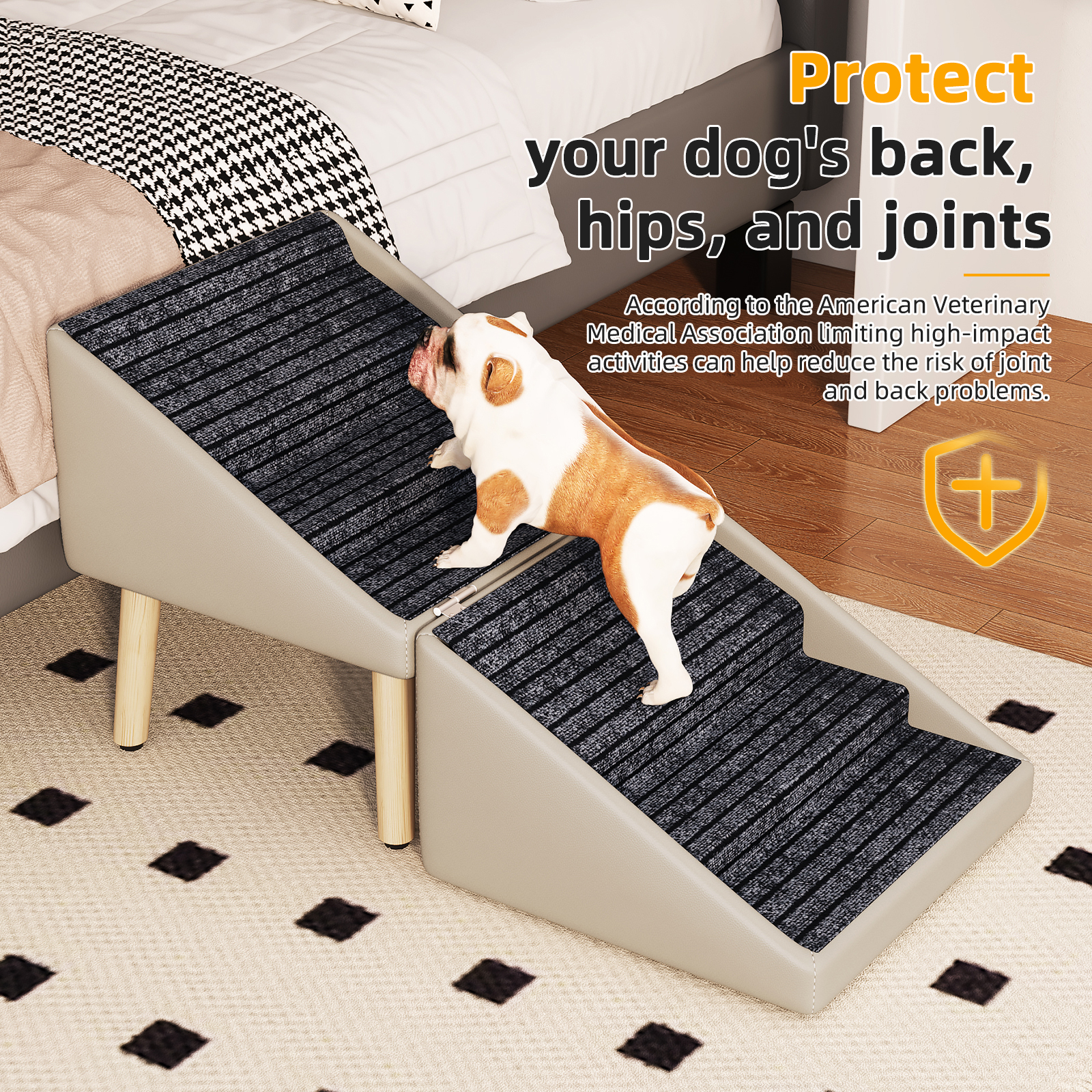 Paso para Perros para Cama y Sofá - Escaleras de Madera 2 en 1 para Perros Grandes, Medianos y Pequeños, Diseño Split con Superficie Antideslizante Gris Claro — imagen 10