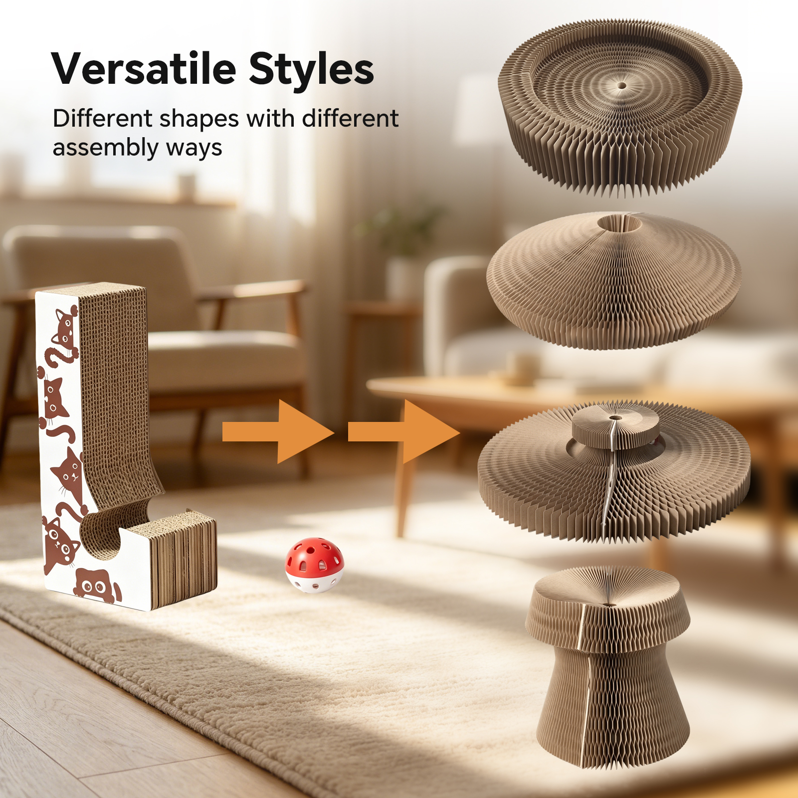 Multi-form Foldable Magic Organ Cat Scratcher Corrugated Cardboard Scratch Board Interactive Cat Toy With Rolling Bell Ball Indoor Kitten Grinding Claw Furniture — image 6