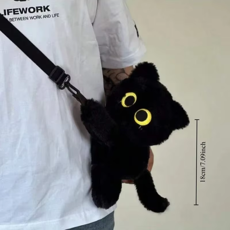 Mochila de Gato Negro con Ojos Grandes Muñeca de Peluche Kawaii Animales de Peluche Suaves Bolsa de Hombro Capacidad Grande Bolsa Cruzada de Moda — imagen 3