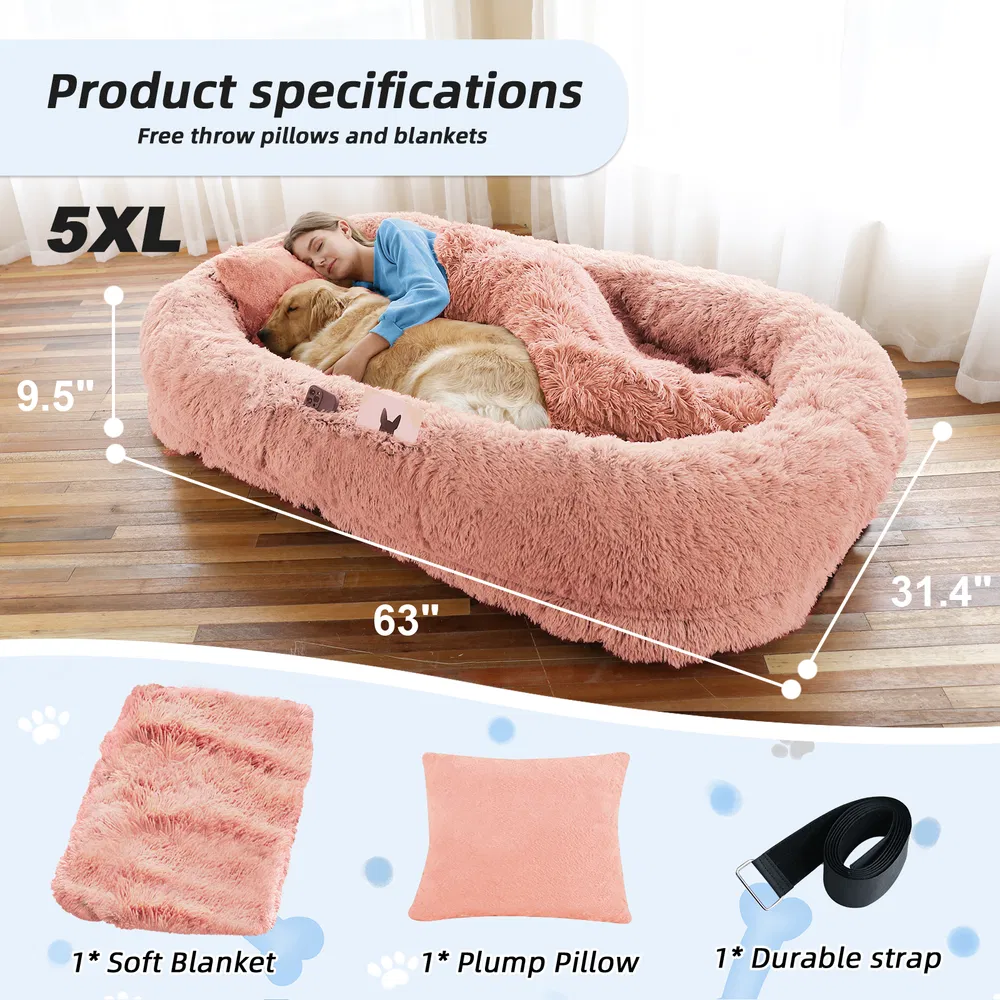 Cama para Perros y Personas Grande, Para Ti y Tu Mascota, Cama de Felpa Sintética Lavable para Dormir o Descansar, Soporte Óptimo para Canes, Almohada Pluma Presente, Manta, Correa — imagen 2