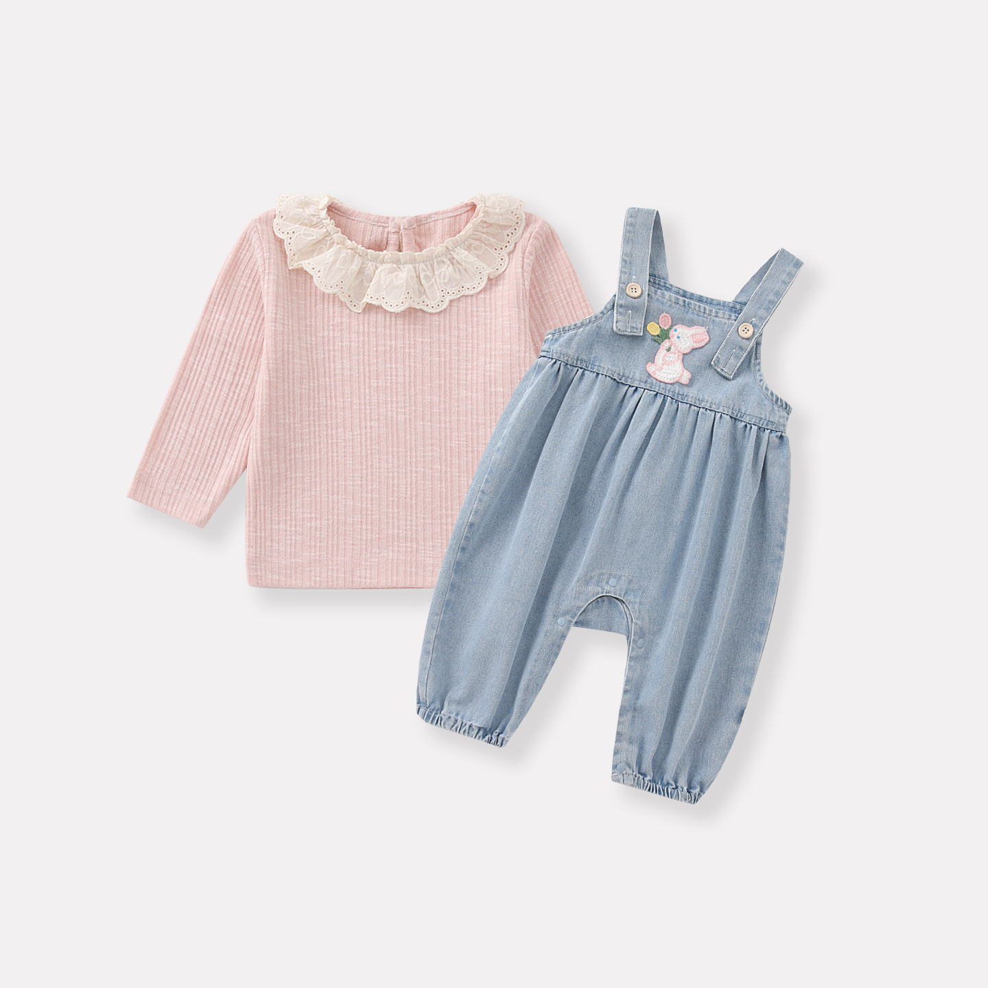 Rabbit Ears Overalls Set, Baby Girl Ruffled Shirt Bodysuit Two-Piece Outfit — image 5