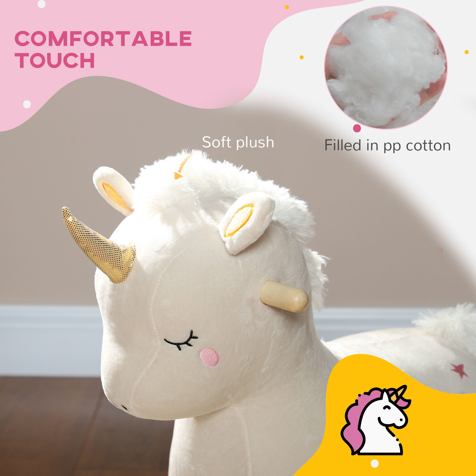 Caballo de Roca para Niños, Poni Unicornio con Sonidos Realistas & Base de Madera para Edad 2-4, Blanco — imagen 8