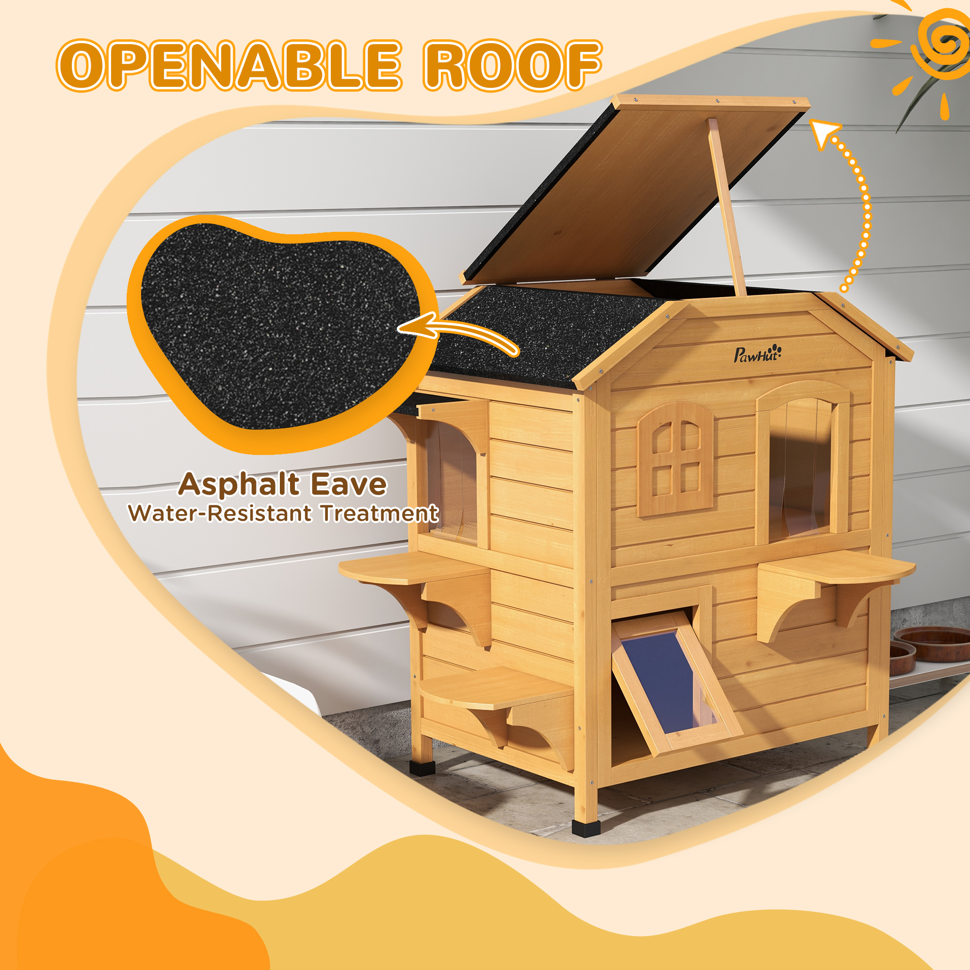 Casa de Madera para Gatos de Exterior de 2 Pisos, Refugio para Gatos Callejeros con Puerta de Escape, Techo Asfáltico, 4 Plataformas, Natural — imagen 8