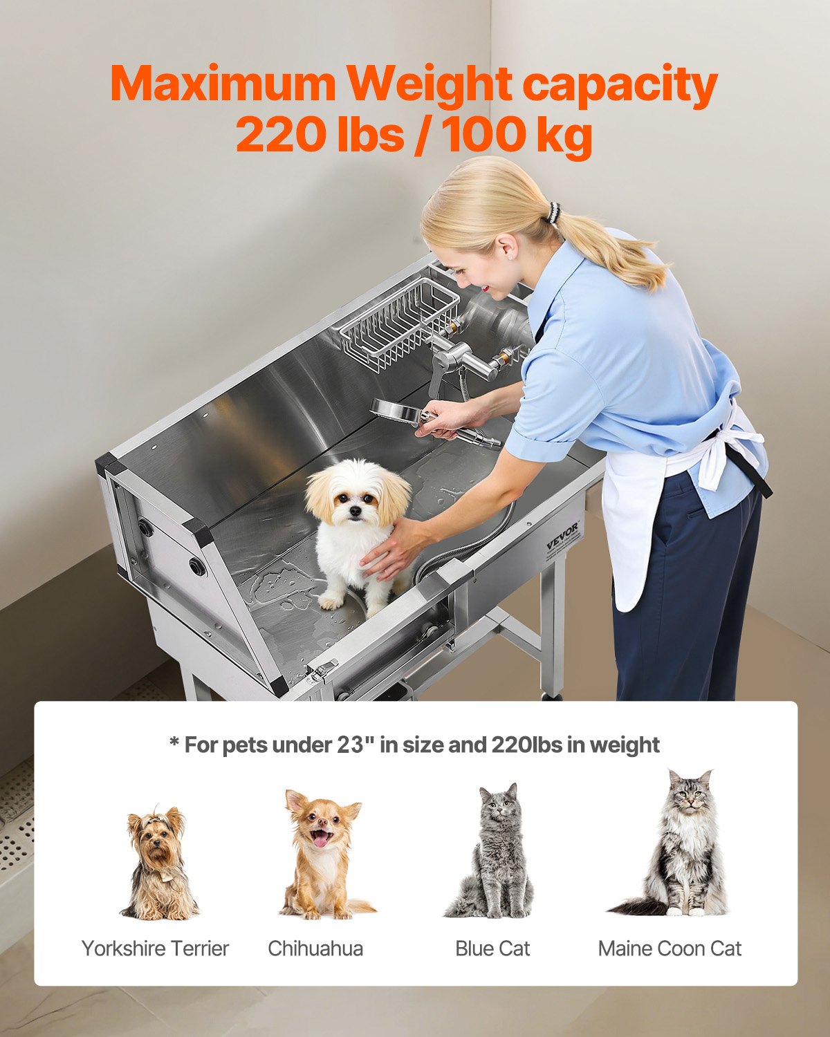 Estación de Lavado para Perros de 34", Tina de Aseo de Acero Inoxidable, Fregadero Profesional para Lavar Perros con Regadera, Grifo, Porta Jabón, Escalera Antideslizante, Diseño de Fácil Limpieza para Mascotas Pequeñas y Gatos (Puerta Izquierda) — imagen 4