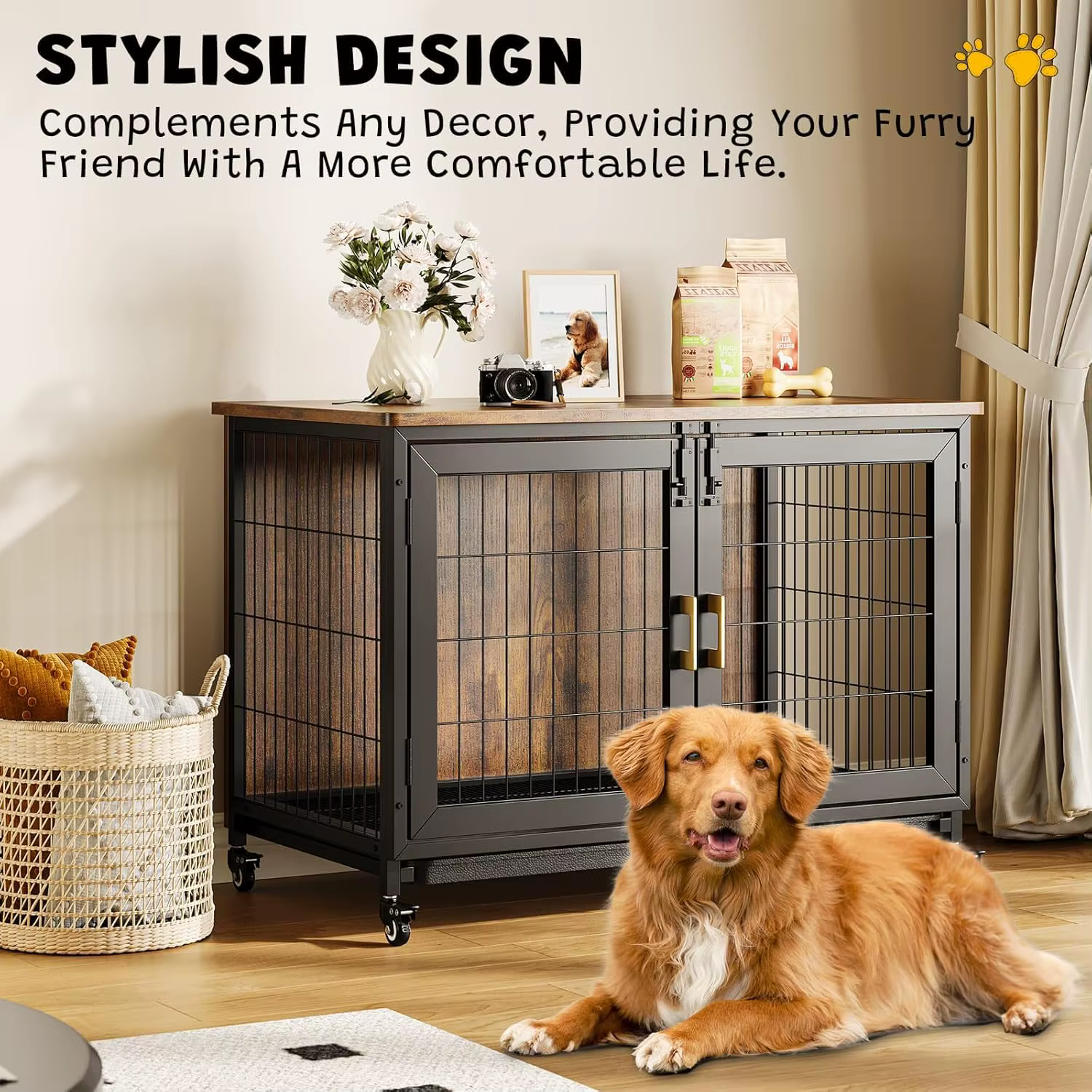 Wooden Dog Crate with Lockable Wheels, Removable Tray, and Durable Steel Frame — image 2