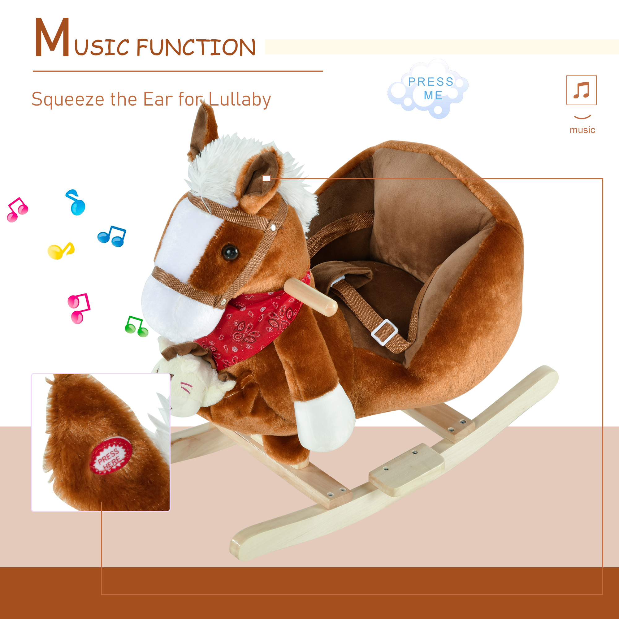 Kids Ride-On Rocking Horse Toy, Rocker with Lullaby Song, Hand Puppets & Soft Plush Fabric for Children 18-36 Months, Brown — image 8