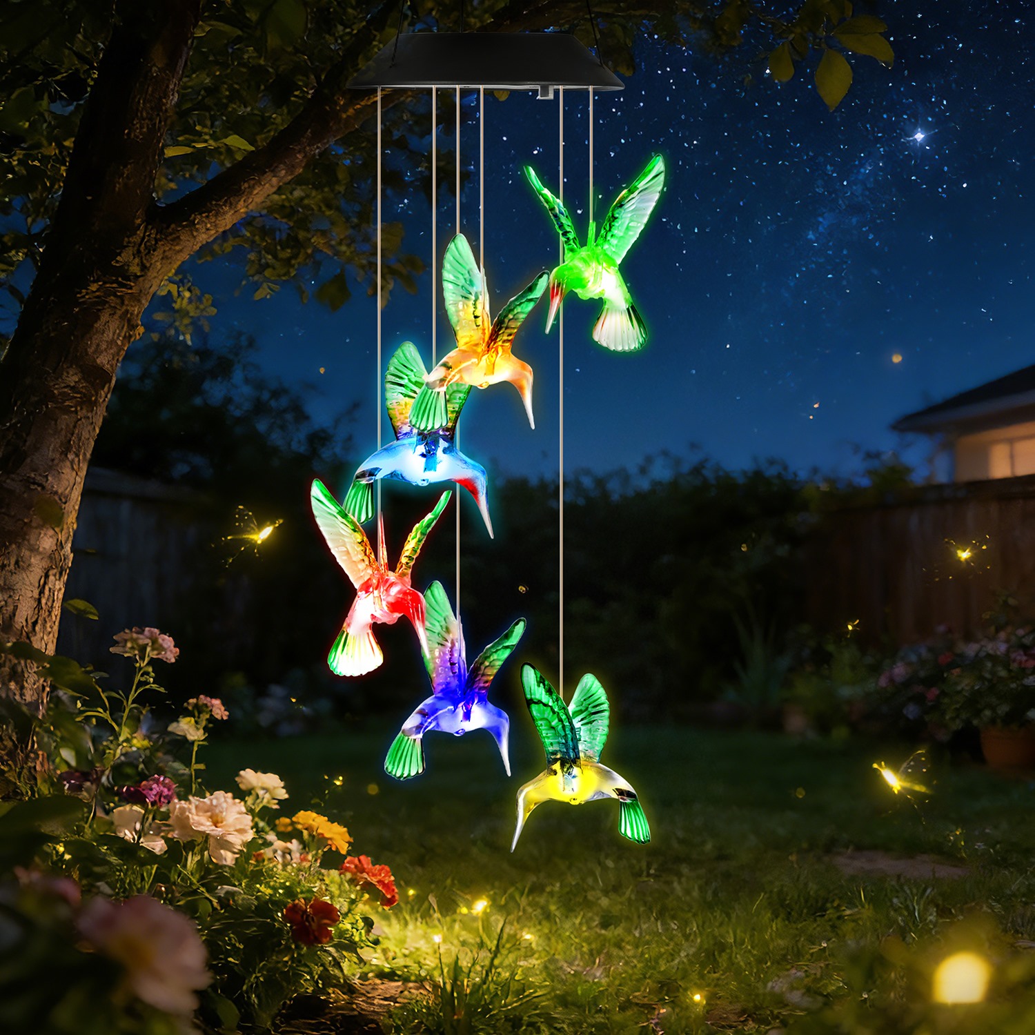 2 Piezas de Carrillón de Viento Solar de Colibrí, Cambia de Color en 7 Tonos, para Exteriores, Resistente al Agua IPX4, Decoración de Jardín y Patio — imagen 3