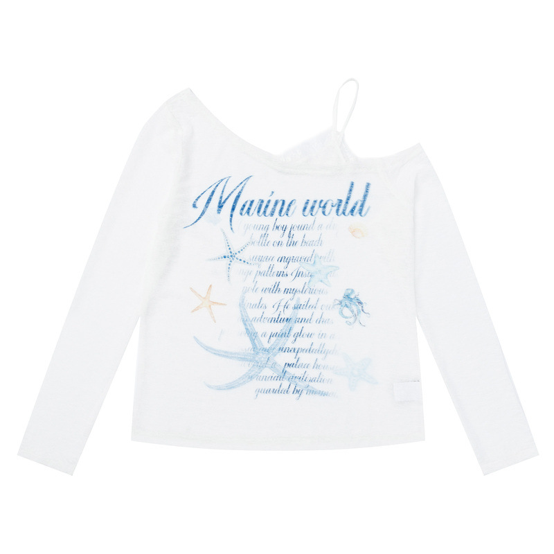 Cartoon starfish print slanted shoulder long sleeved T-shirt for women — image 7